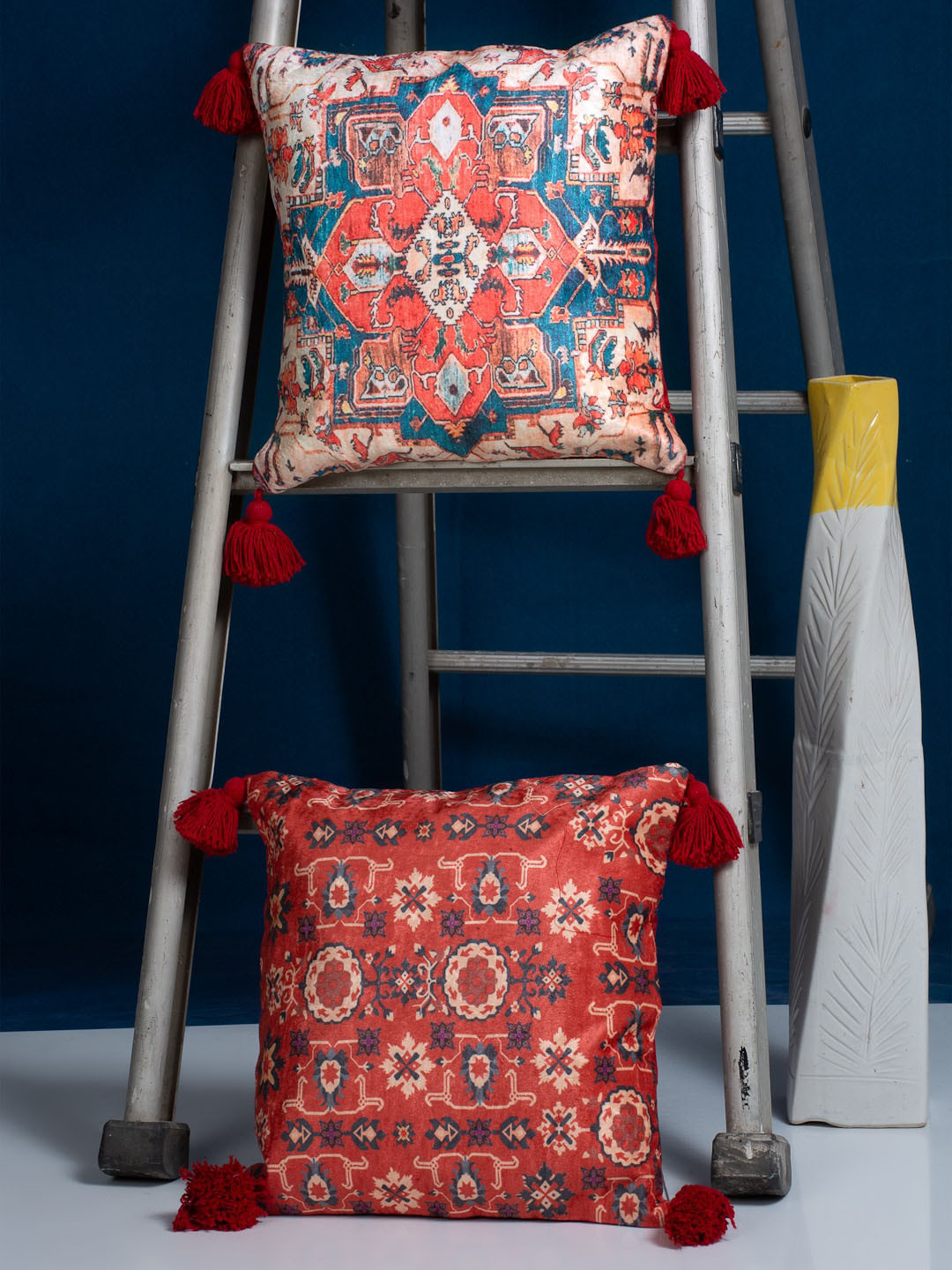 HOSTA HOMES Set of 2 Rust Red & Navy Blue Printed Square Cushion Covers