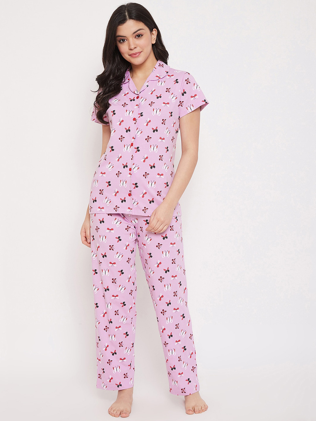 Clovia Women Lavender & White Printed Night suit
