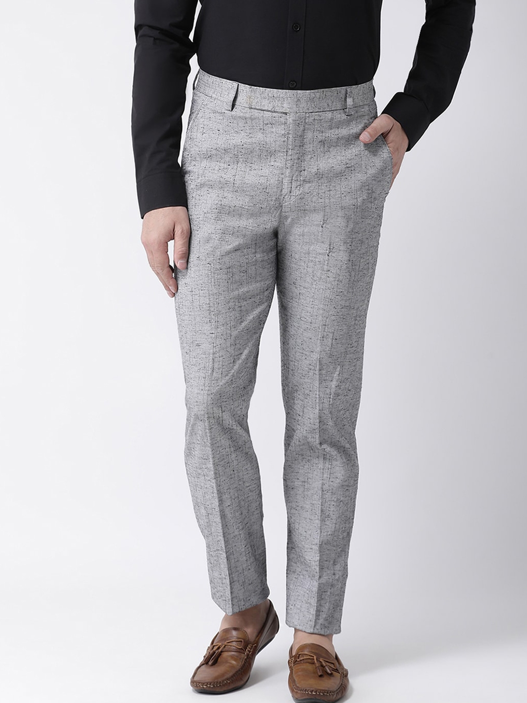 hangup trend Men Grey Self Design Formal Trousers