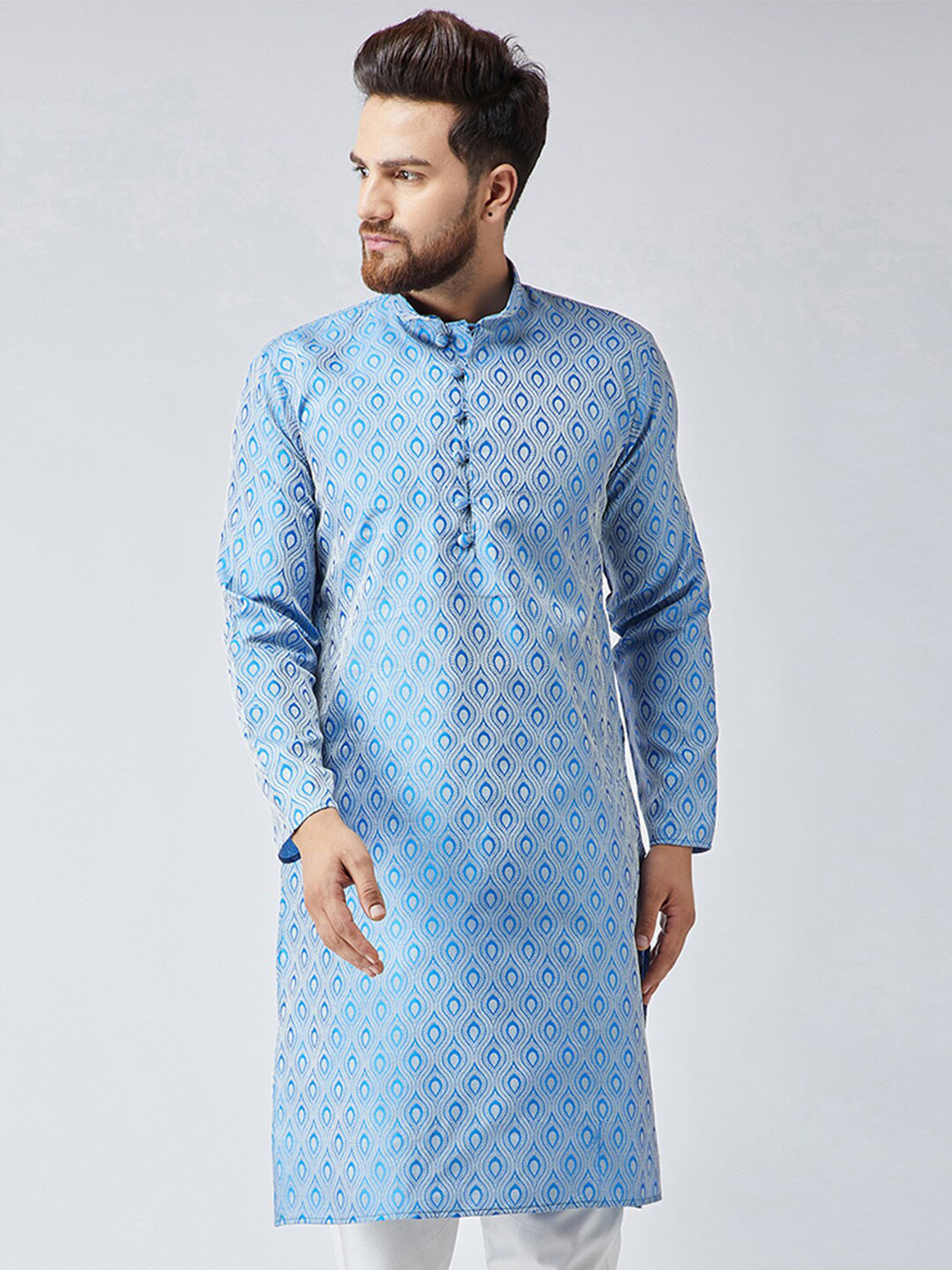 Jompers Men Blue Woven Design Straight Kurta