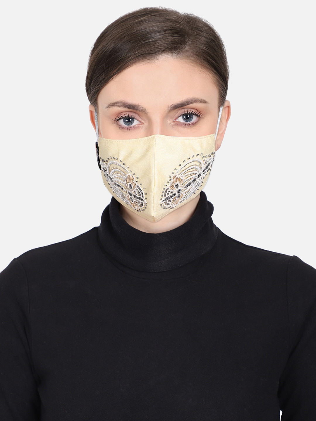 Anekaant Women Cream-Coloured & Gold-Coloured Embellished 3-Ply Reusable Outdoor Face Mask