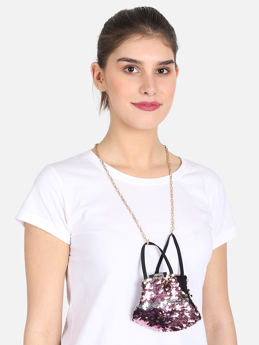 Anekaant Women Pink Sclupted Sequin 3-Ply Reusable Fashion Mask With Embellished Lanyard Chain