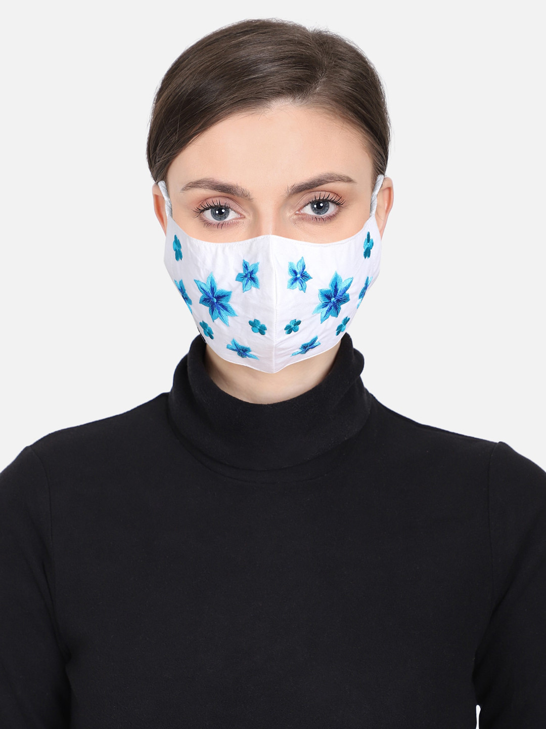 Anekaant Women White & Blue Embroidered 3-Ply Reusable Outdoor Face Mask
