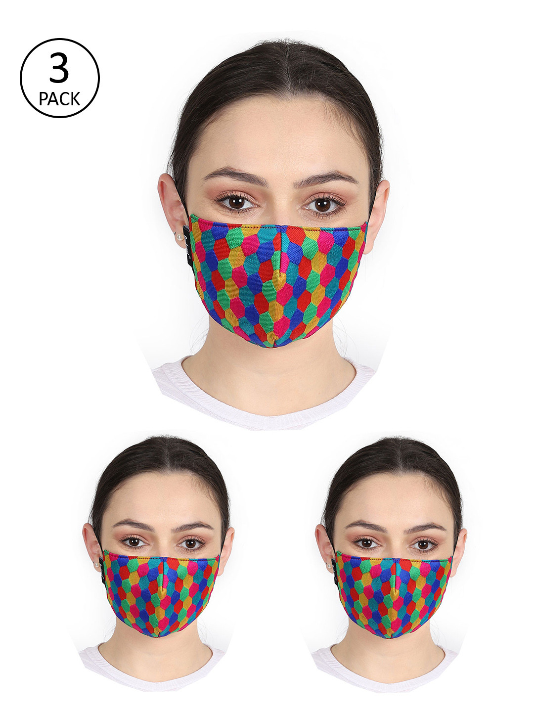 Anekaant Unisex Pack Of 3 Multicolored Honeycomb Print 3-Ply Reusable Cloth Mask