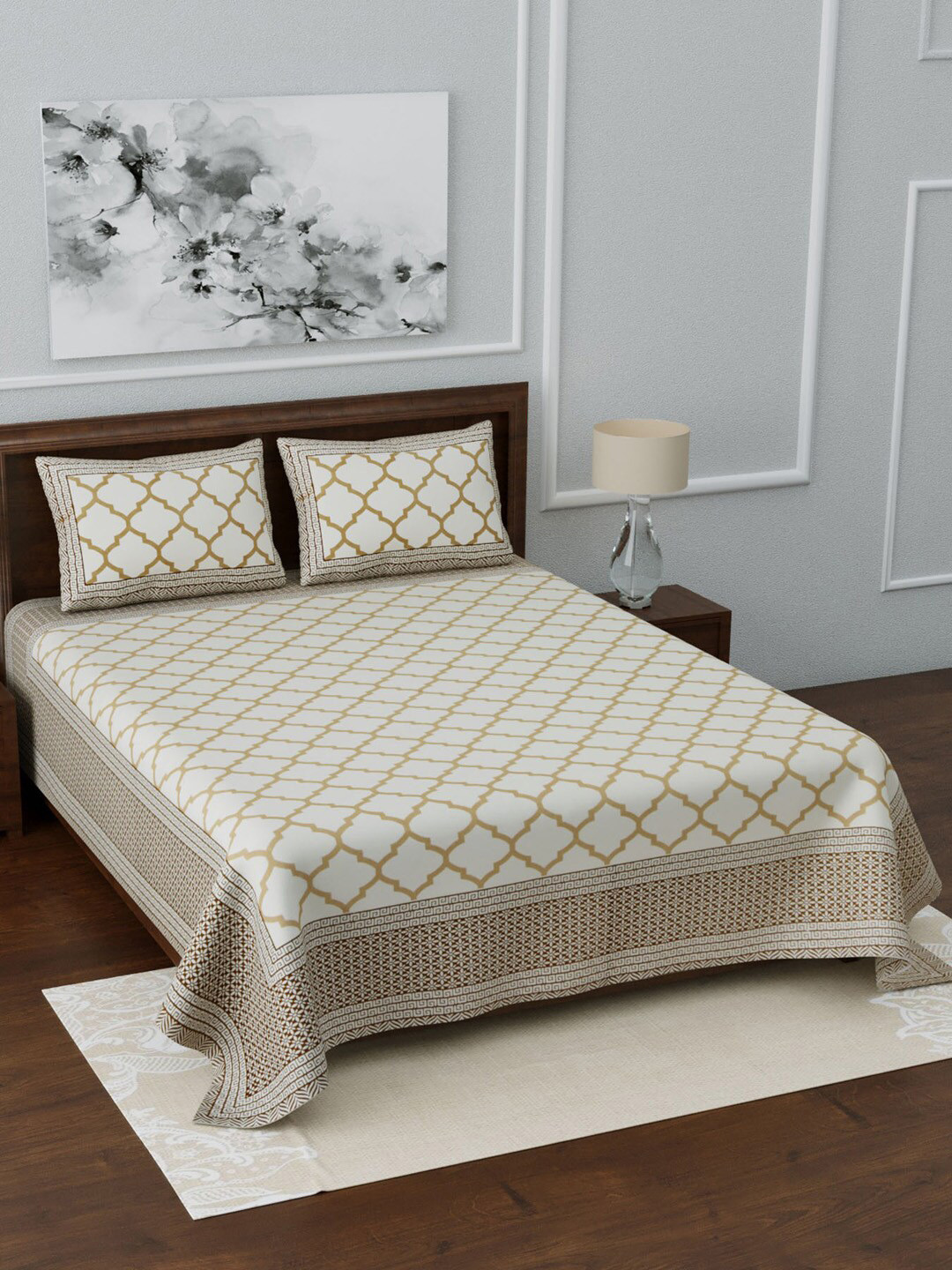 LIVING ROOTS Beige & Brown Geometric 210 TC Cotton 1  King Bedsheet With 2 Pillow Covers