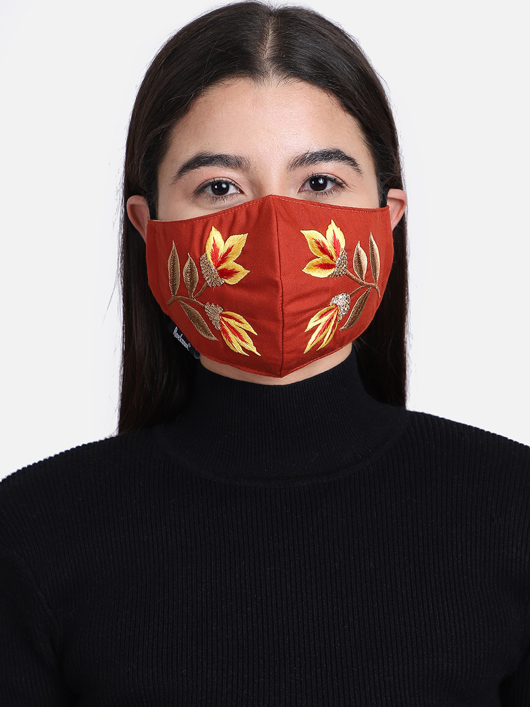 Anekaant Women Rust Orange & Yellow Embroidered 3-Ply Reusable Outdoor Face Mask
