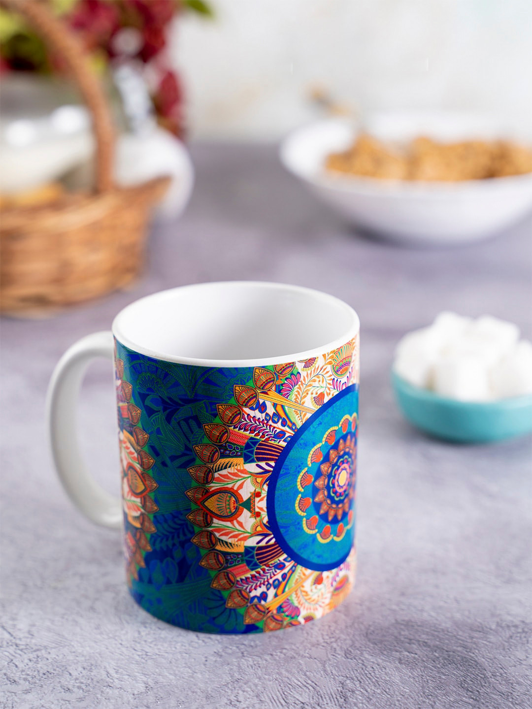 KOLOROBIA We Bee-Long Together Bee Mine Happy Blue Ethnic Motifs Ceramic Handmade Mug-325ml