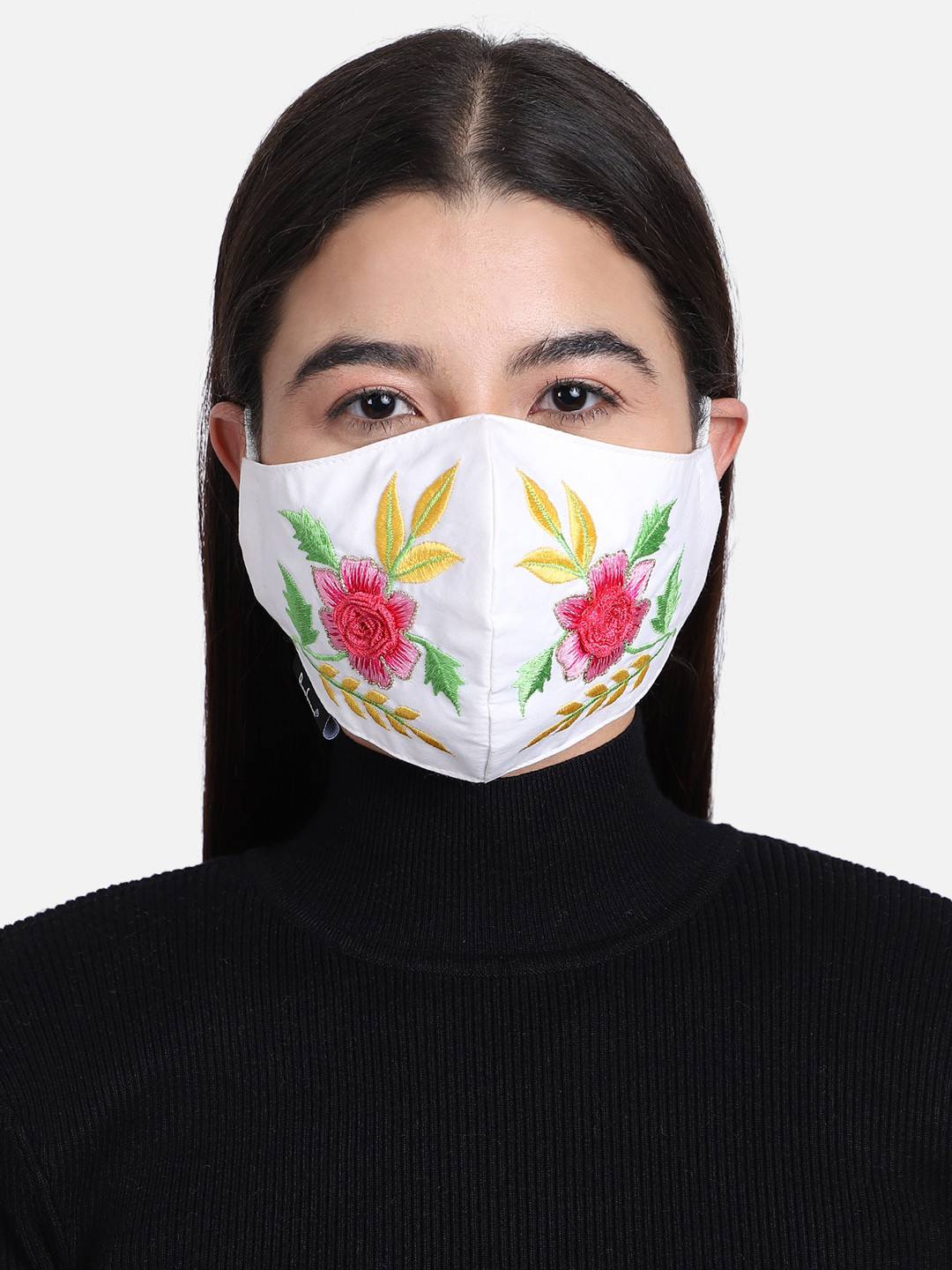 Anekaant Women White & Pink Embroidered 3-Ply Reusable Outdoor Face Mask