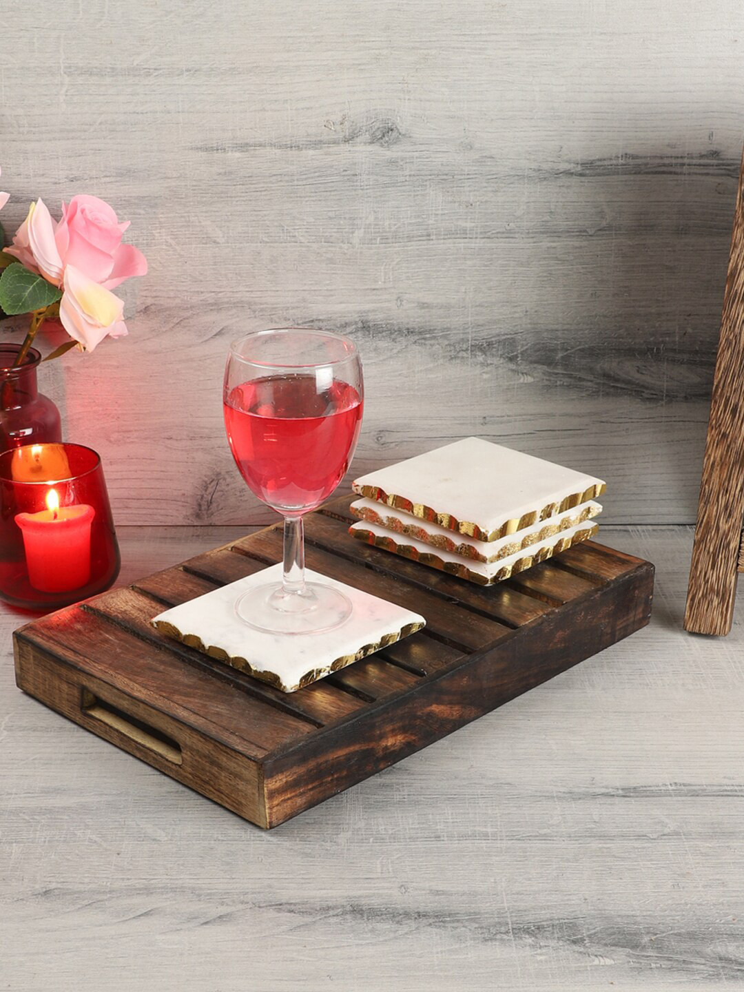 NikkisPride Set Of 4 White & Gold-Toned Solid Marble Square coasters