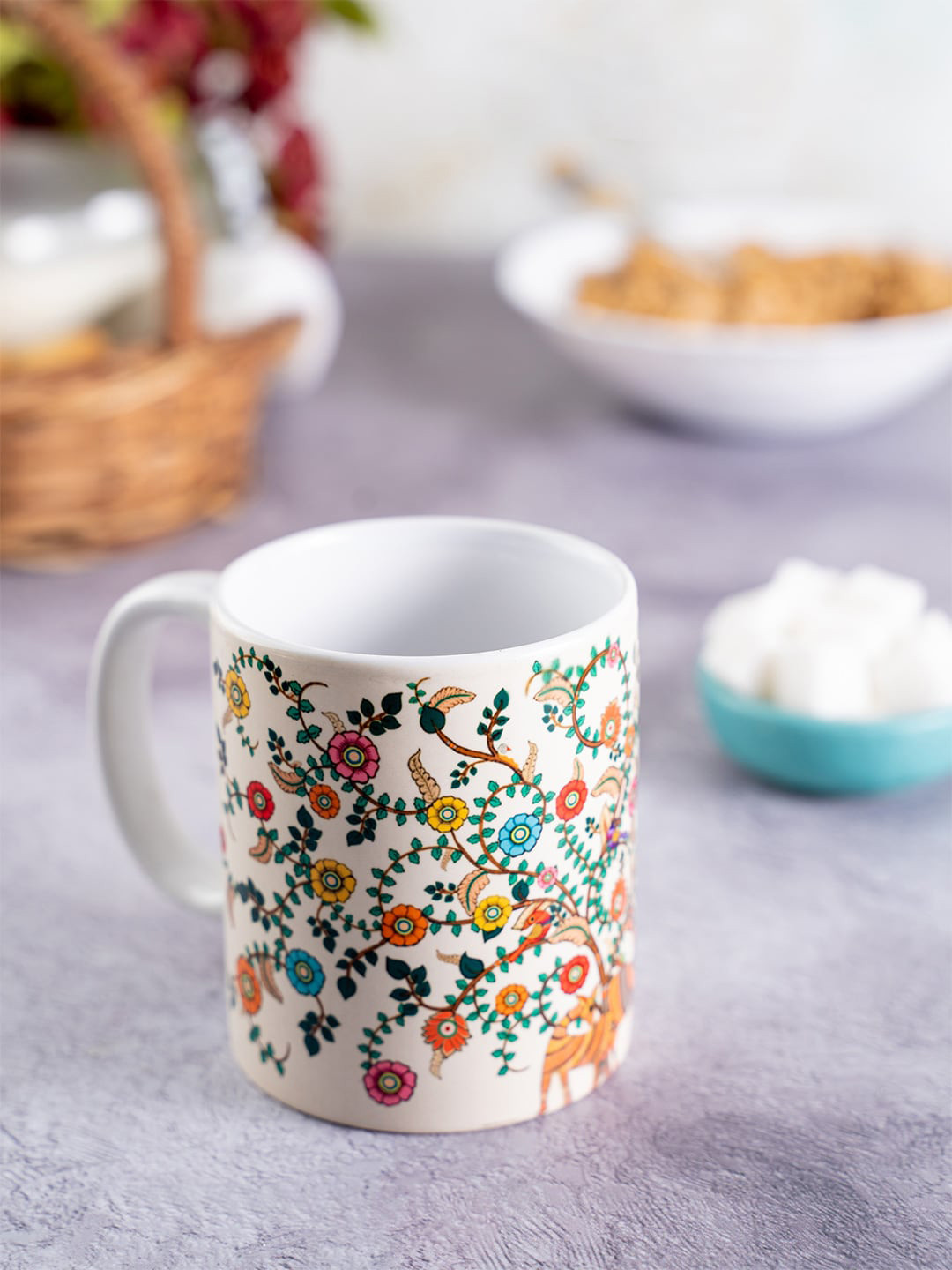 KOLOROBIA White Floral Ceramic Microwave Safe Mug-325ml