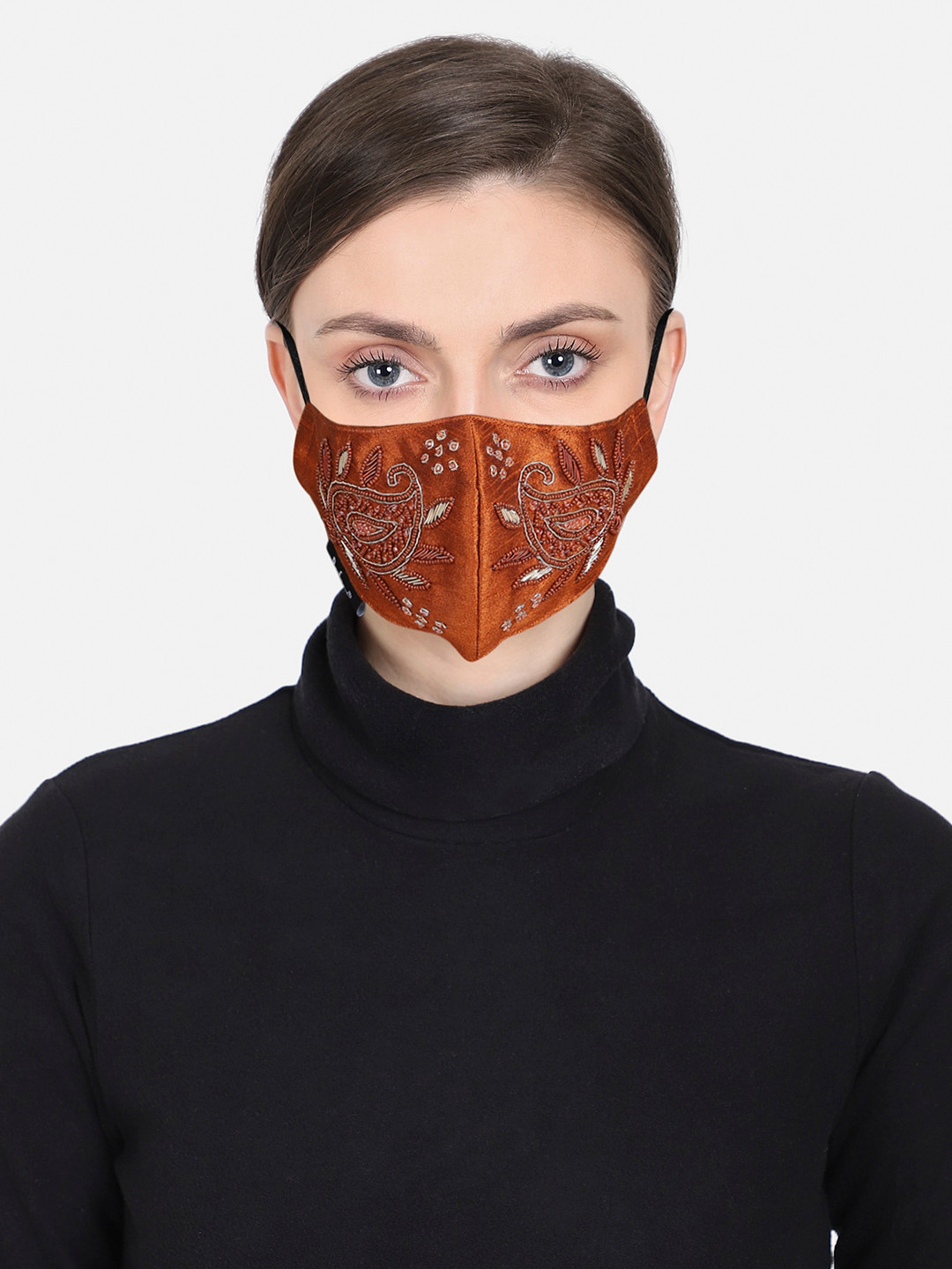 Anekaant Women Tan Brown Paisley Embellished 3-Ply Reusable Cloth Mask