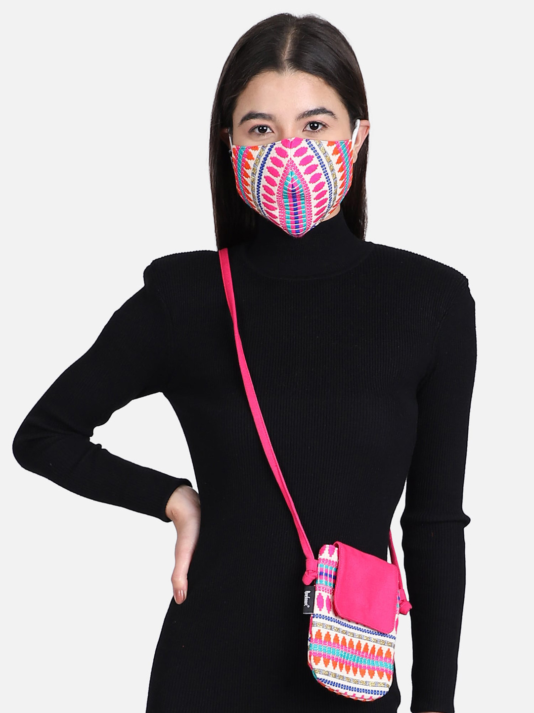 Anekaant Women Pink & Orange Cotton Jacquard Fabric 3-Ply Reusable Fashion Mask With Mobile Sling