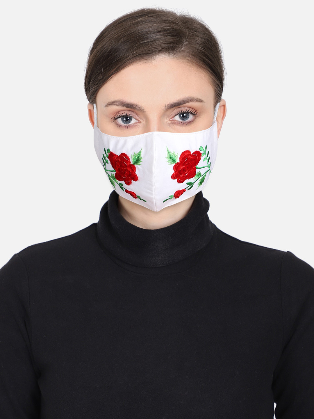 Anekaant Women White & Red Floral Embroidered 3-Ply Reusable Cloth Mask