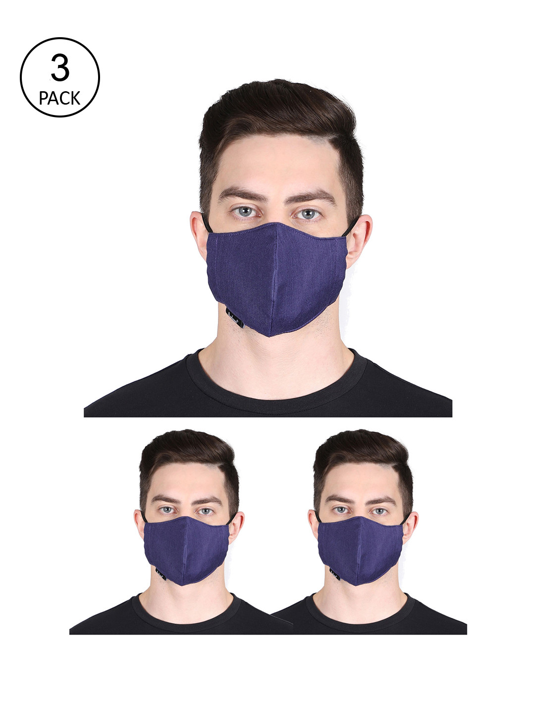 Anekaant Unisex Pack of 3 Navy Blue Solid Fabric 3-Ply Fashion Mask