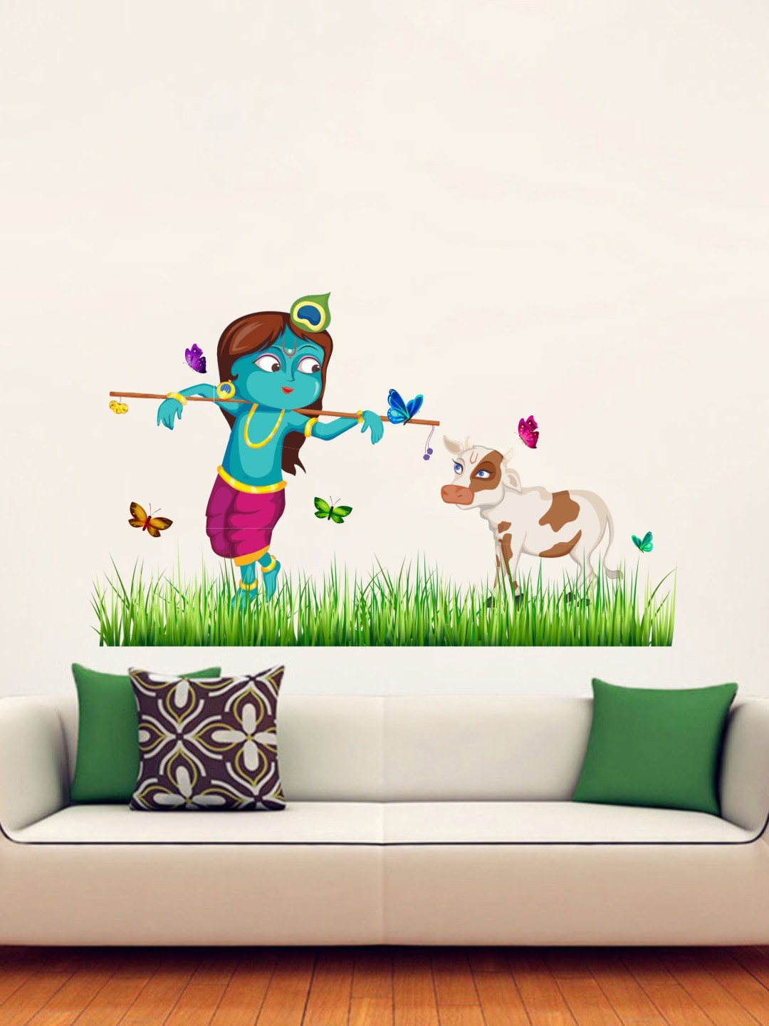 rawpockets Multicolored Lord Krishna Cow Grass Butterfly Story Wall Stickers