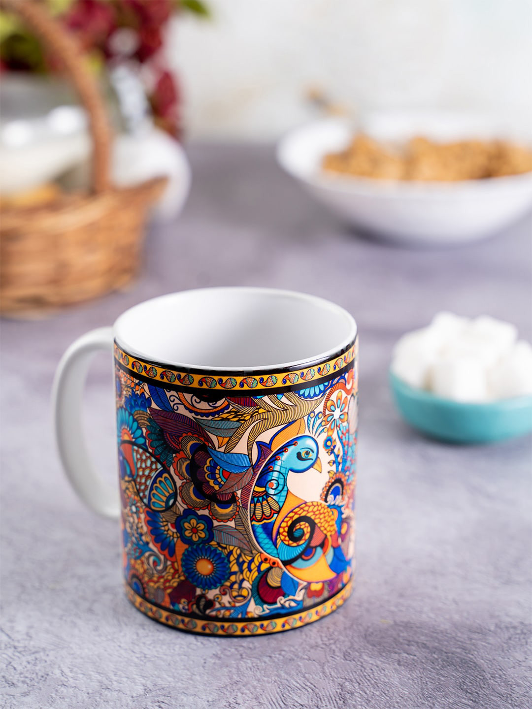 KOLOROBIA Blue & Yellow Printed Ceramic Peacock Admiration Classic Mug