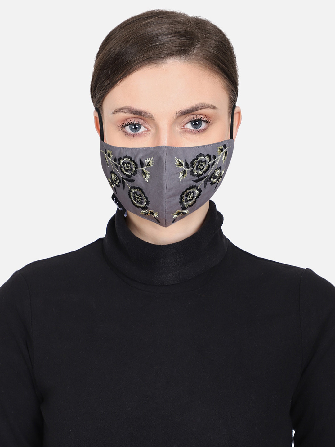 Anekaant Women Grey & Black Floral Embroided 3-Ply Reusable Outdoor Face Masks