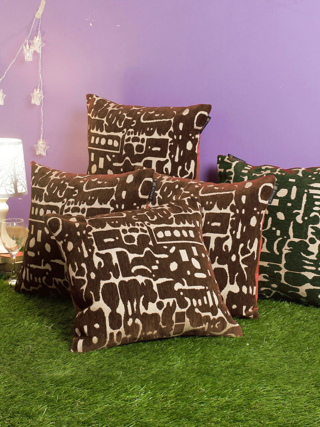ROMEE Coffee Brown Geometric Chenille Washable 5 Piece Square Cushion Covers - 16x16In