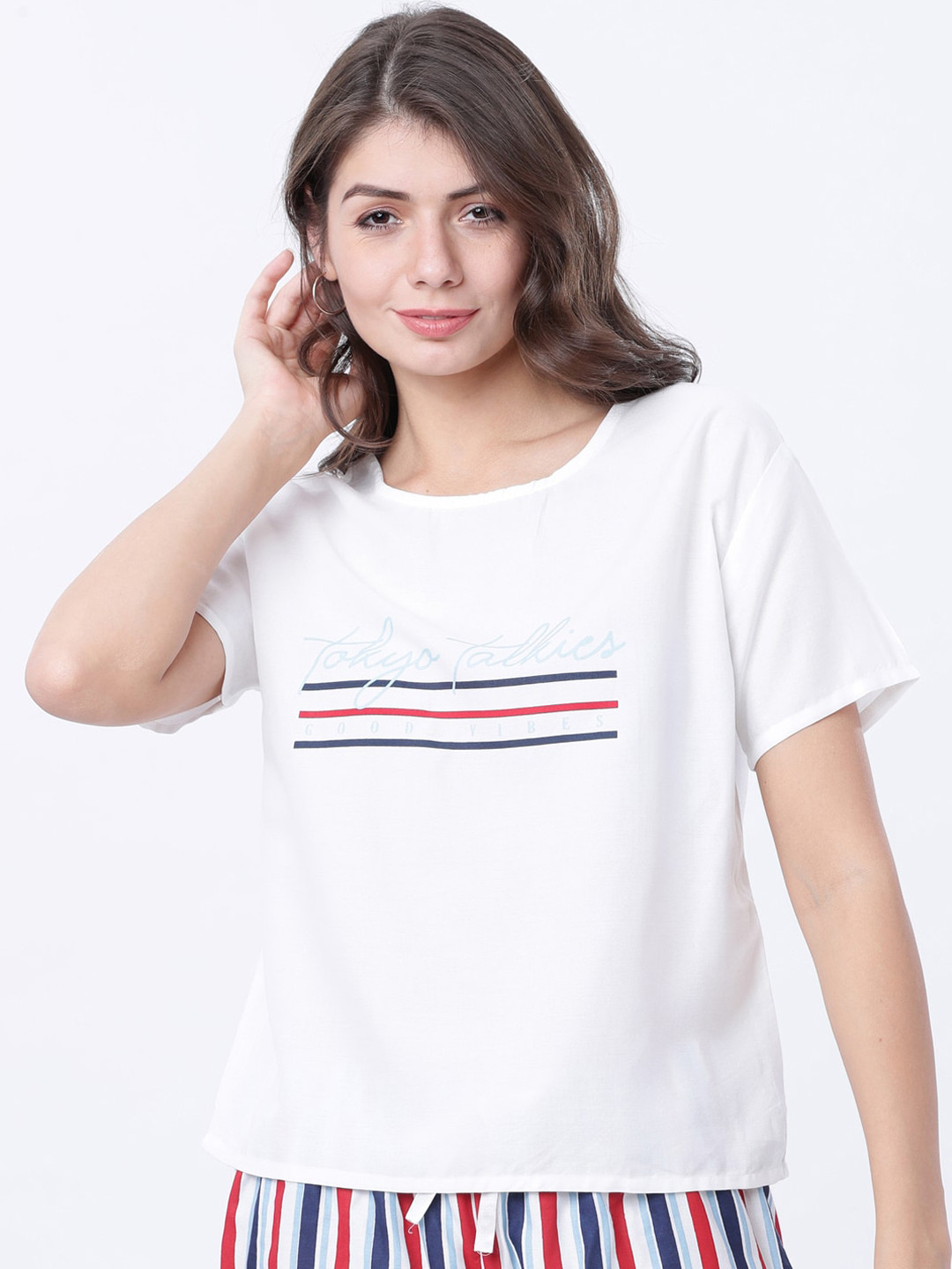 Tokyo Talkies Women White Printed Lounge Top