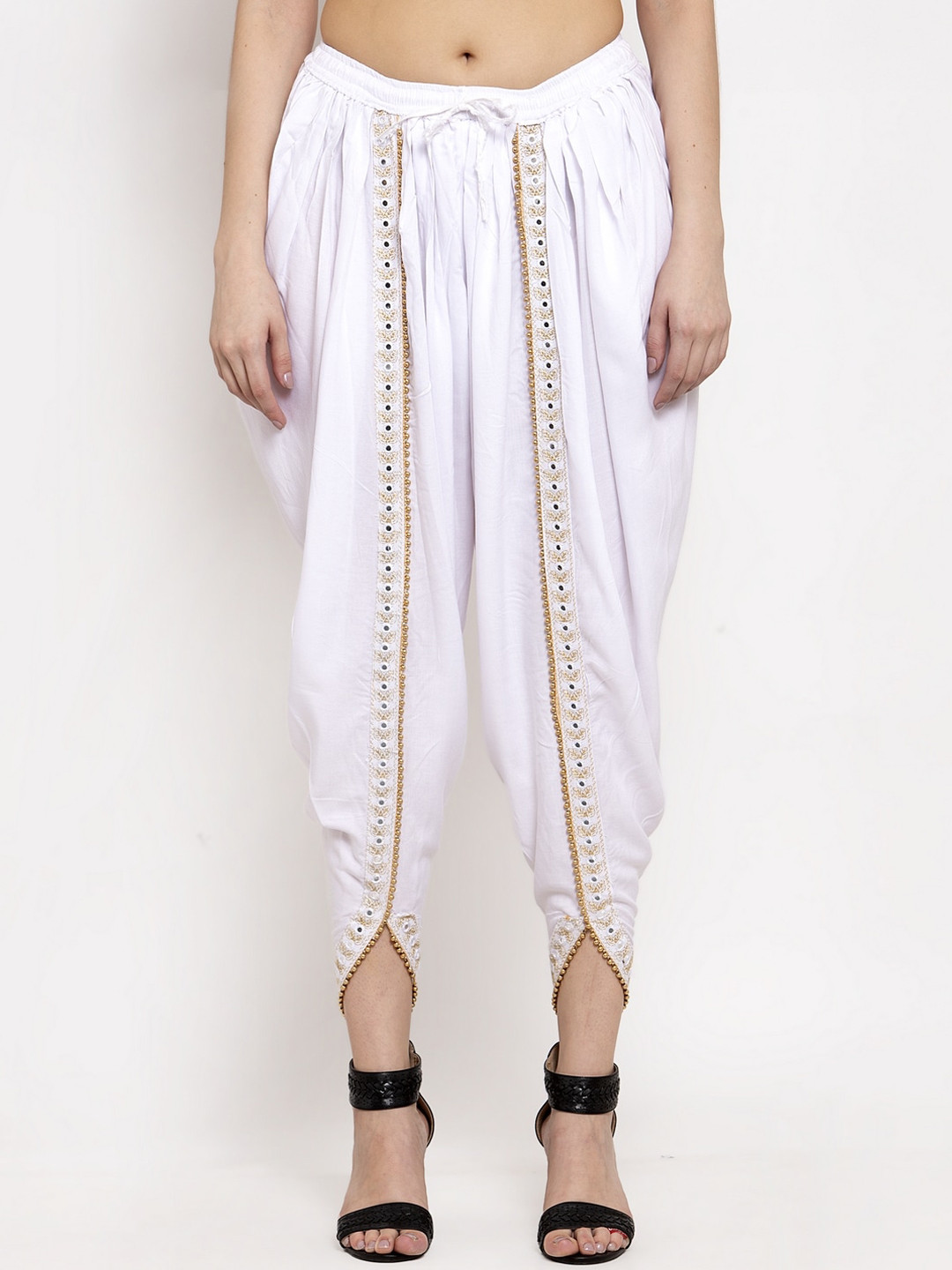 Women White Solid Dhoti Salwar With Embellished Border