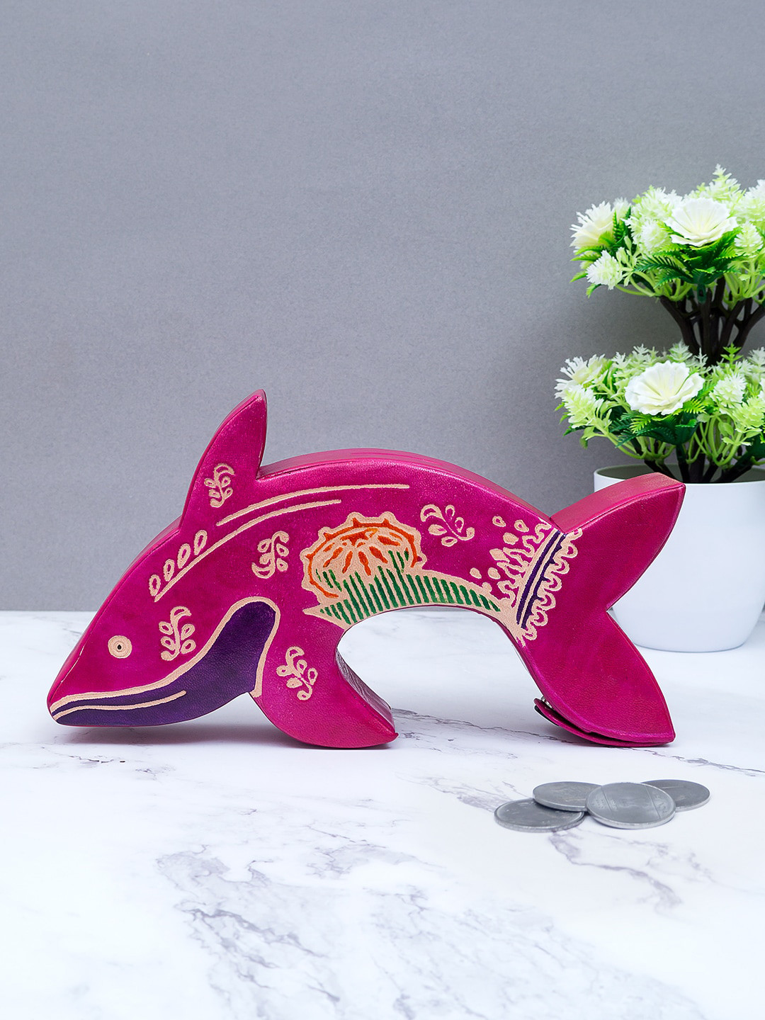Golden Peacock Leather Fish Shape Coin Box Pink Leather Matte Living Room Medium Showpiece - 9.4 Inches