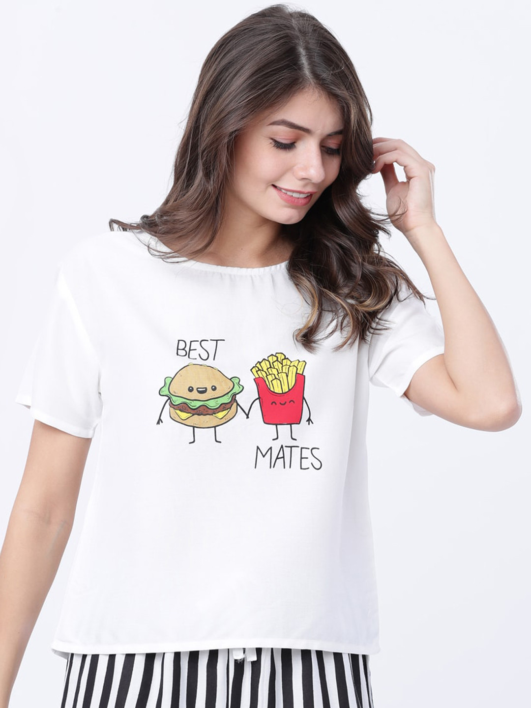 Tokyo Talkies Women White Printed Lounge Top