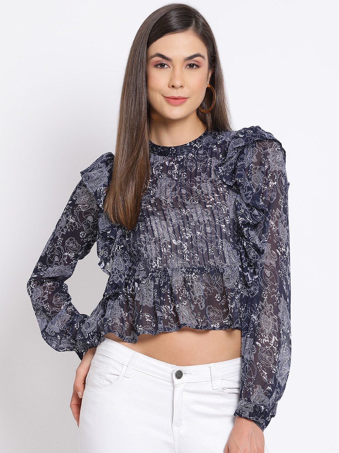 Oxolloxo Women Navy Blue & White Printed Cropped Peplum Top