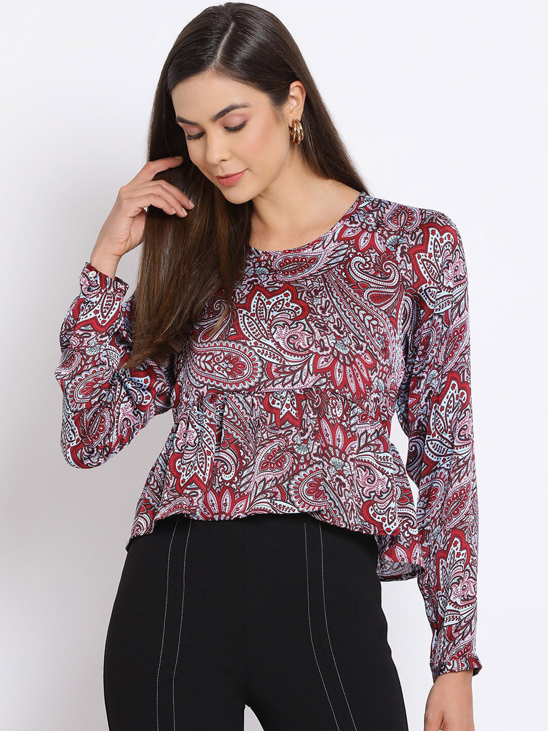 Oxolloxo Women Red Printed Cinched Waist Top