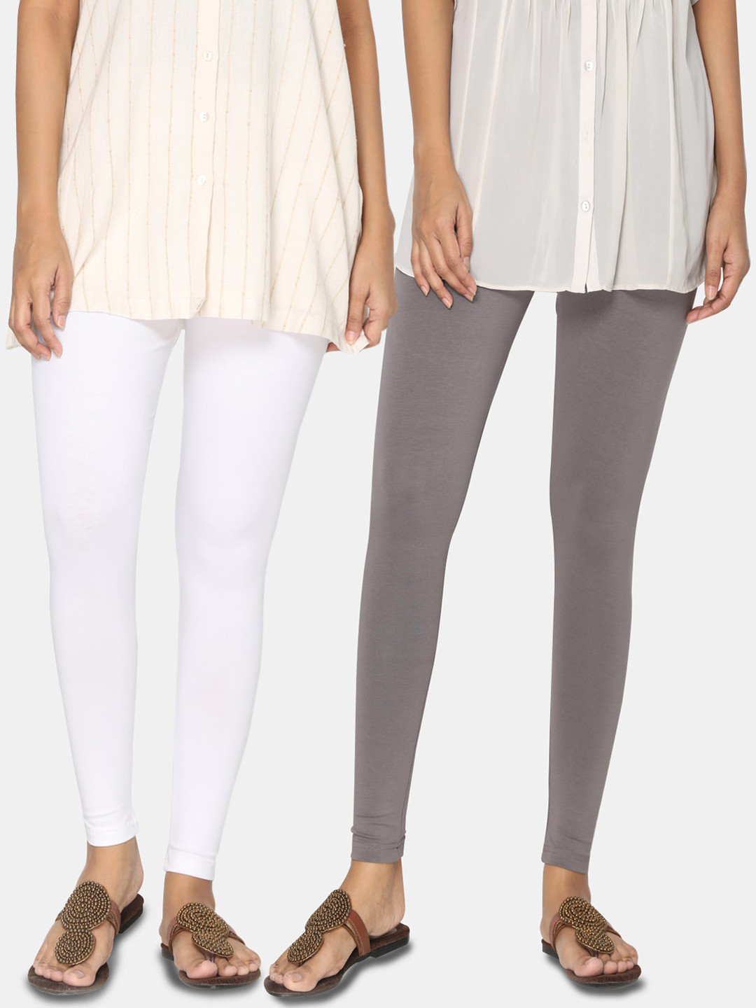 TSG Bliss Women White & Grey Pack Of 2 Solid Ankle-Length Leggings