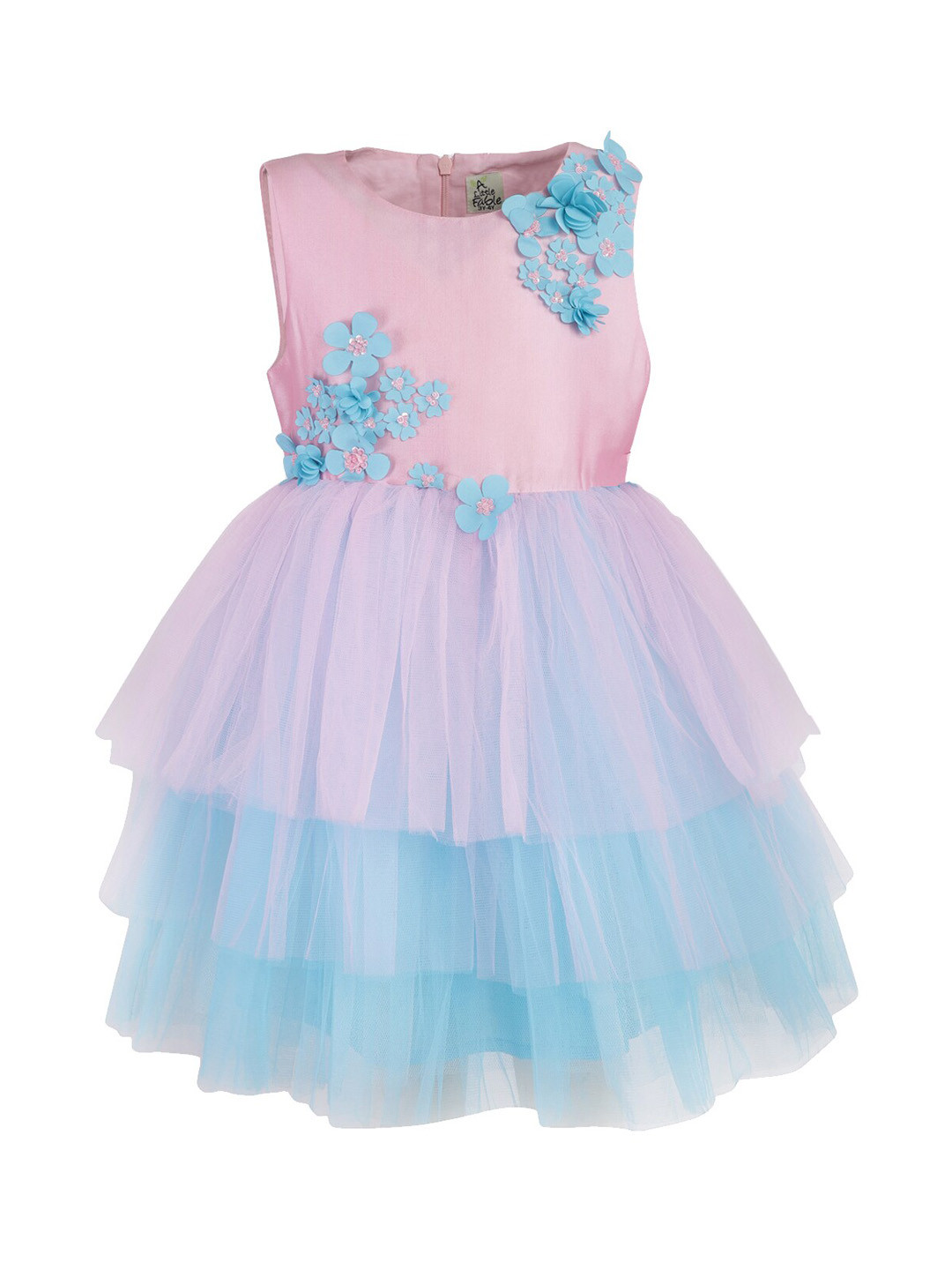 A Little Fable Girls Pink & Blue Colourblocked Fit and Flare Dress