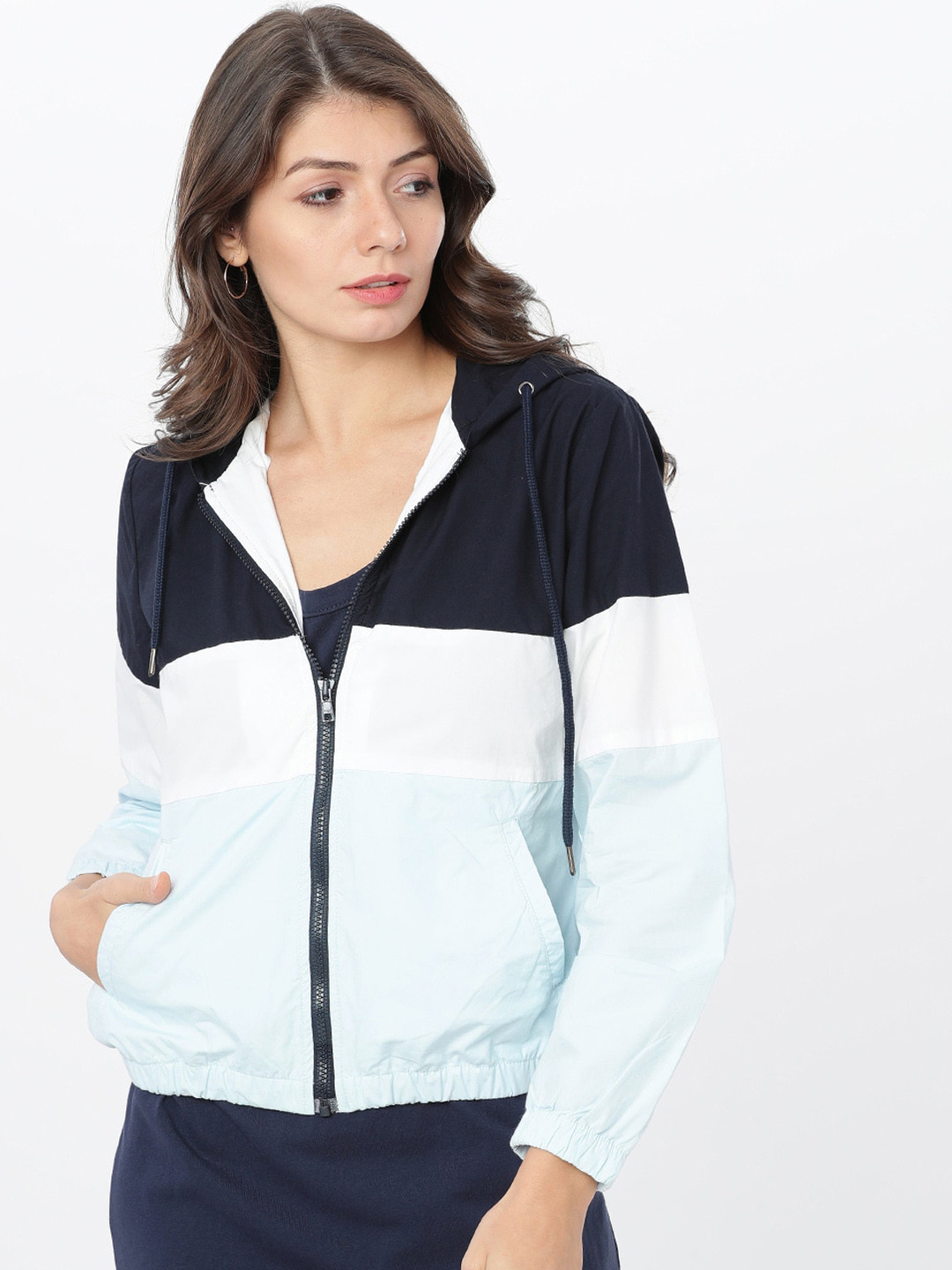 Tokyo Talkies Women Navy Blue Colourblocked Bomber