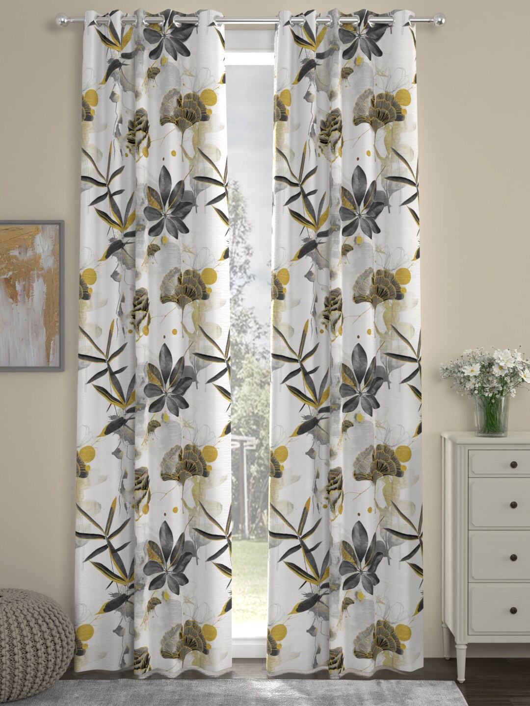 ROSARA HOME Set Of 2  White & Green Printed Door Curtains