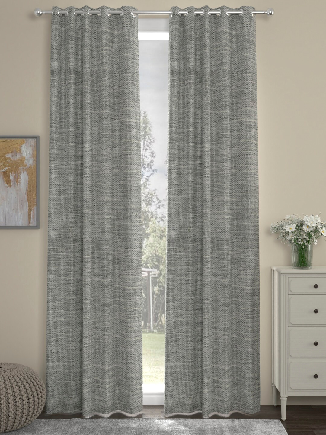 ROSARA HOME Set Of 2 Grey Self-Design Long Door Curtains