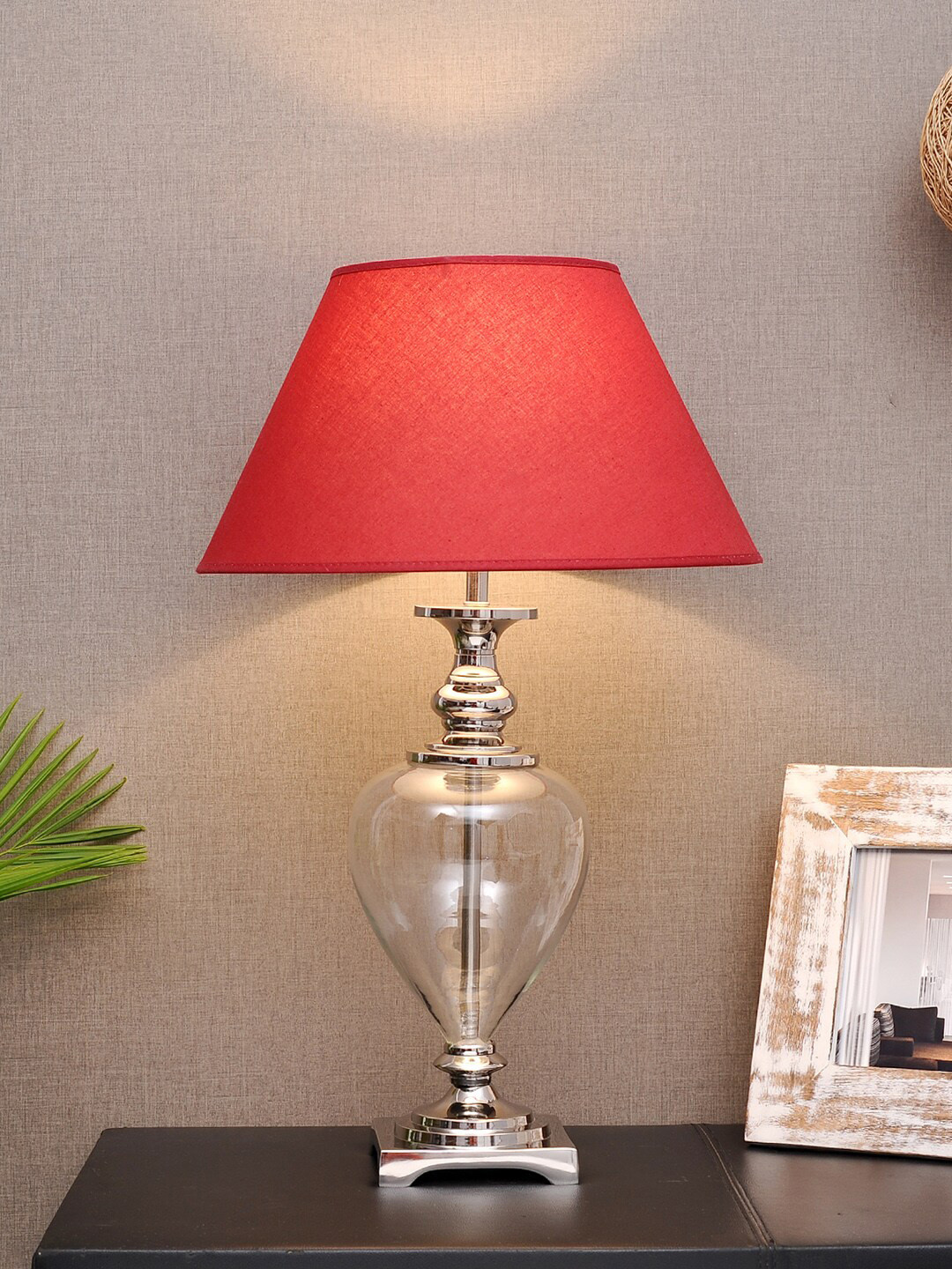 THE LIGHT STORE Steel-Toned Solid Bedside Standard Lamp With Red Shade