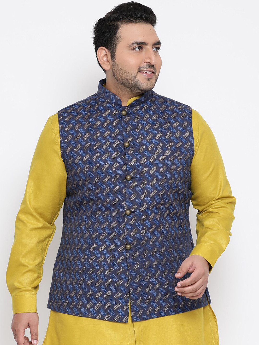 KISAH PLUS Men Navy Blue & Brown Printed Woven Nehru Jacket