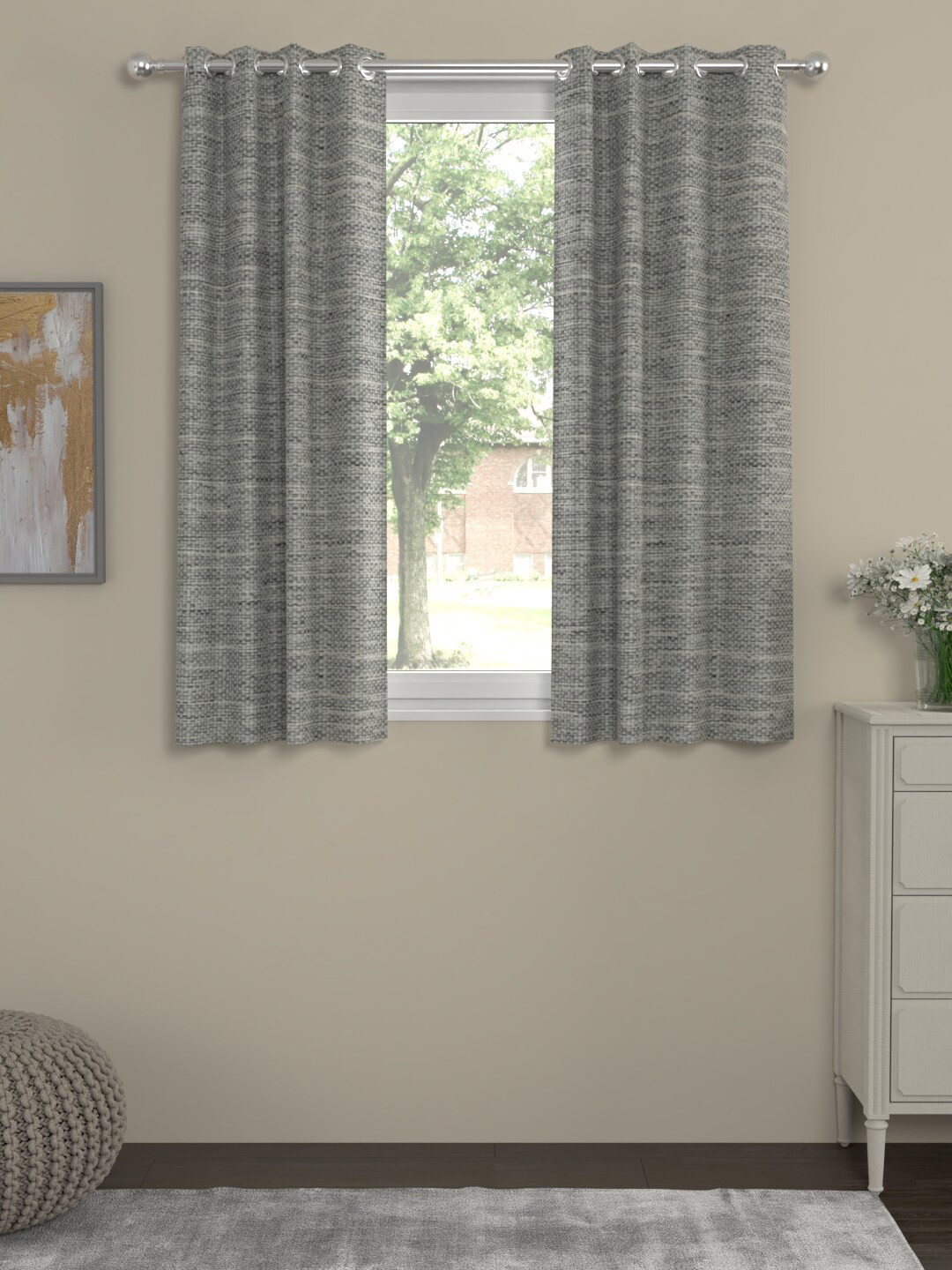ROSARA HOME Set Of 2 Beige & Grey Self-Design Black-Out Window Curtains