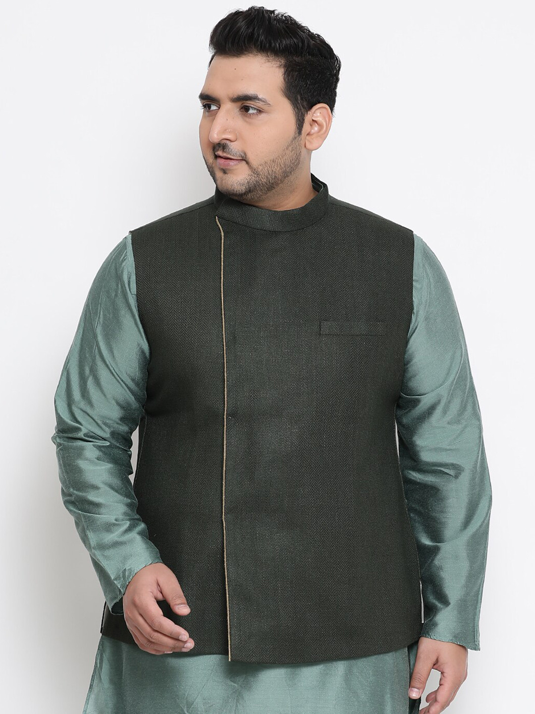 KISAH PLUS Men Green Woven-Design Nehru Jacket