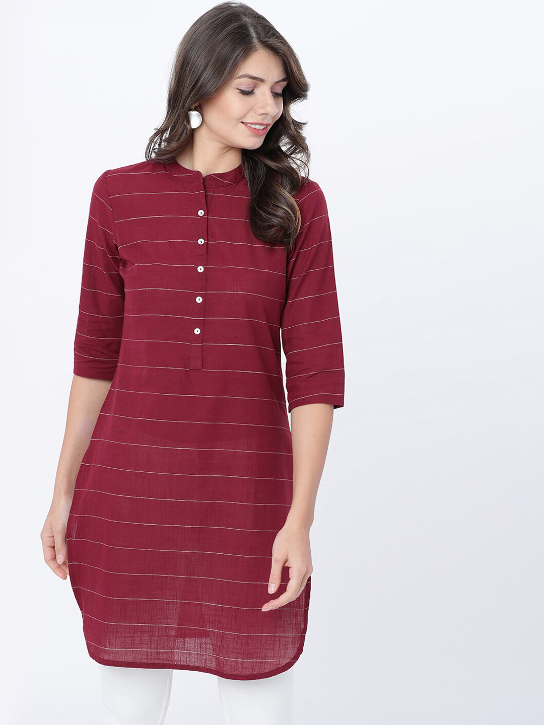 Vishudh Women Maroon & White Striped Straight Kurta