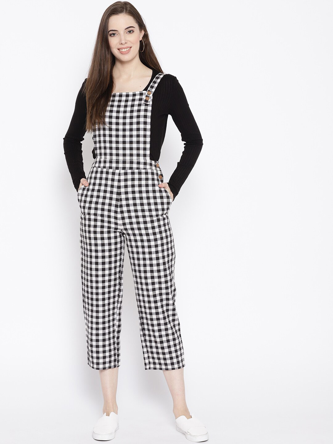 DODO & MOA Women Black & White Checked Basic Jumpsuit