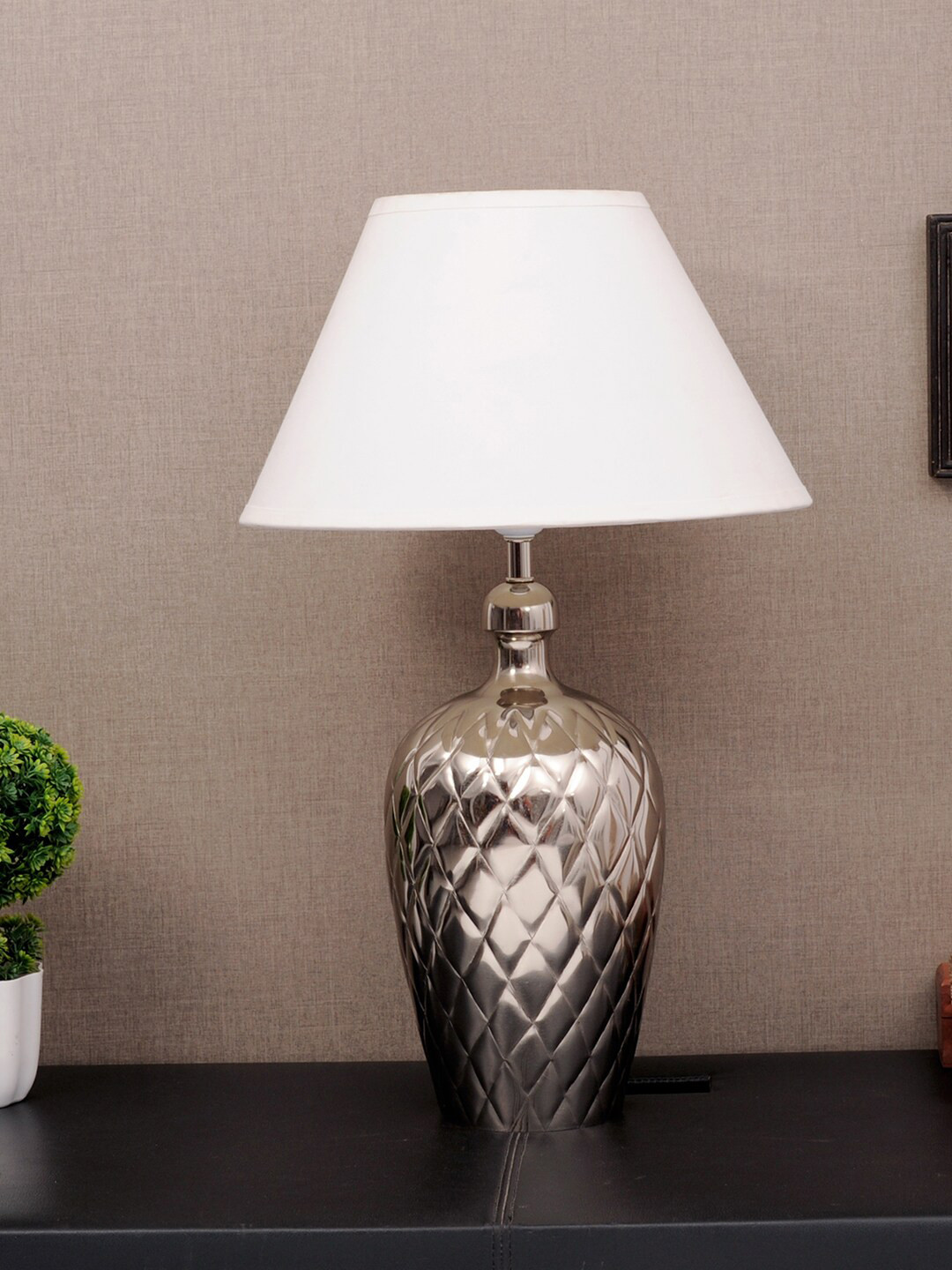 THE LIGHT STORE Steel-Toned Self Design Table Lamp With White Shade