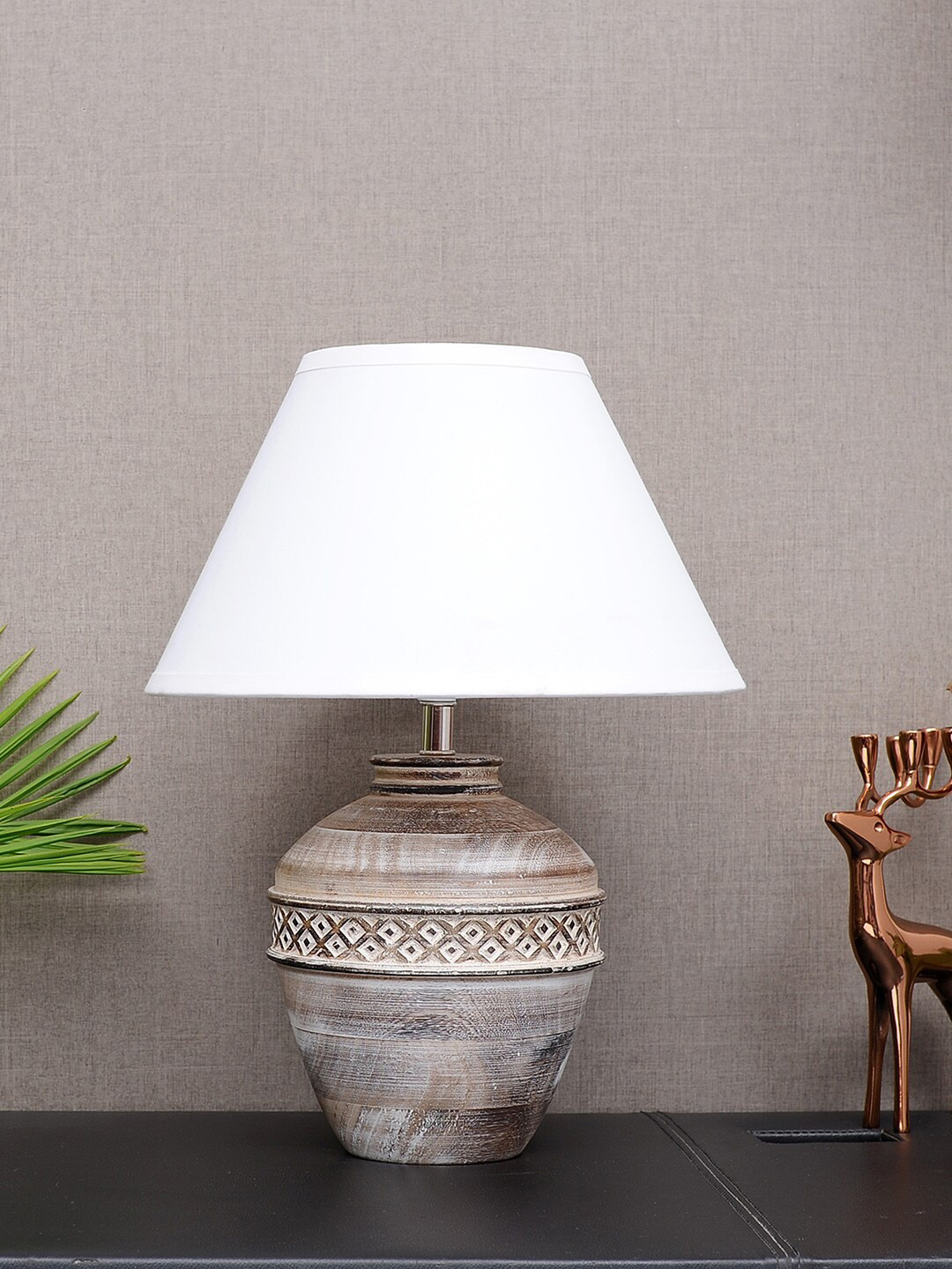 THE LIGHT STORE White & Brown Self-Design Bedside Standard Table Lamp With White Shade