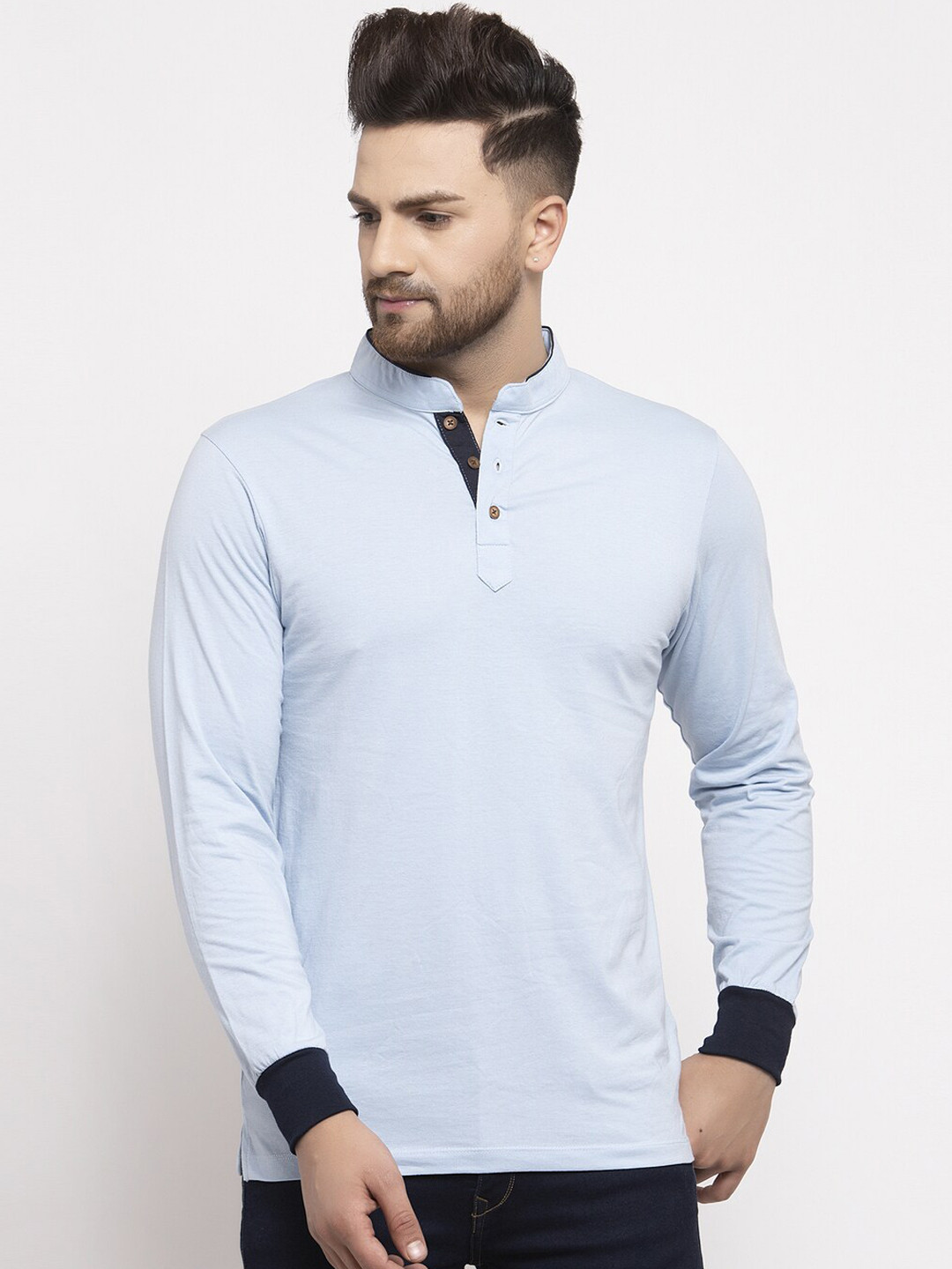 Kalt Men Blue Solid Mandarin Collar T-shirt