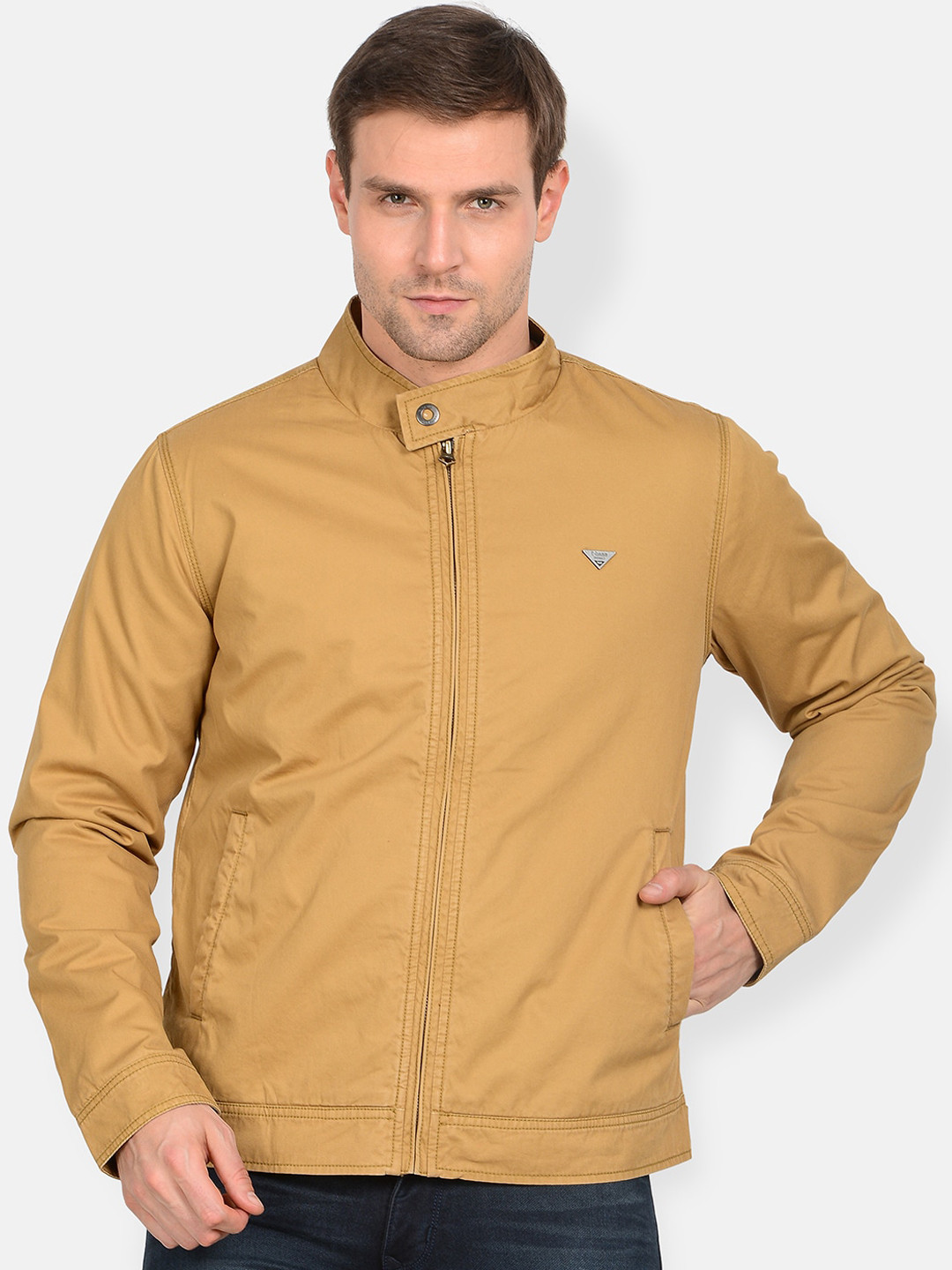 t-base Men Khaki Solid Lightweight Bomber Jacket