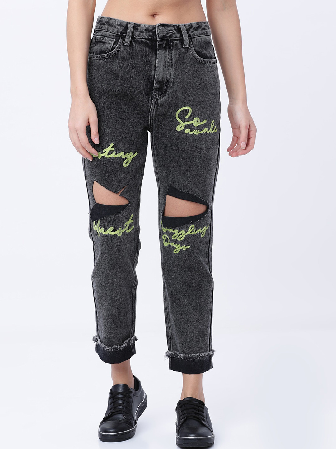 Tokyo Talkies Women Grey Boyfriend Fit Mid-Rise Highly Distressed Jean