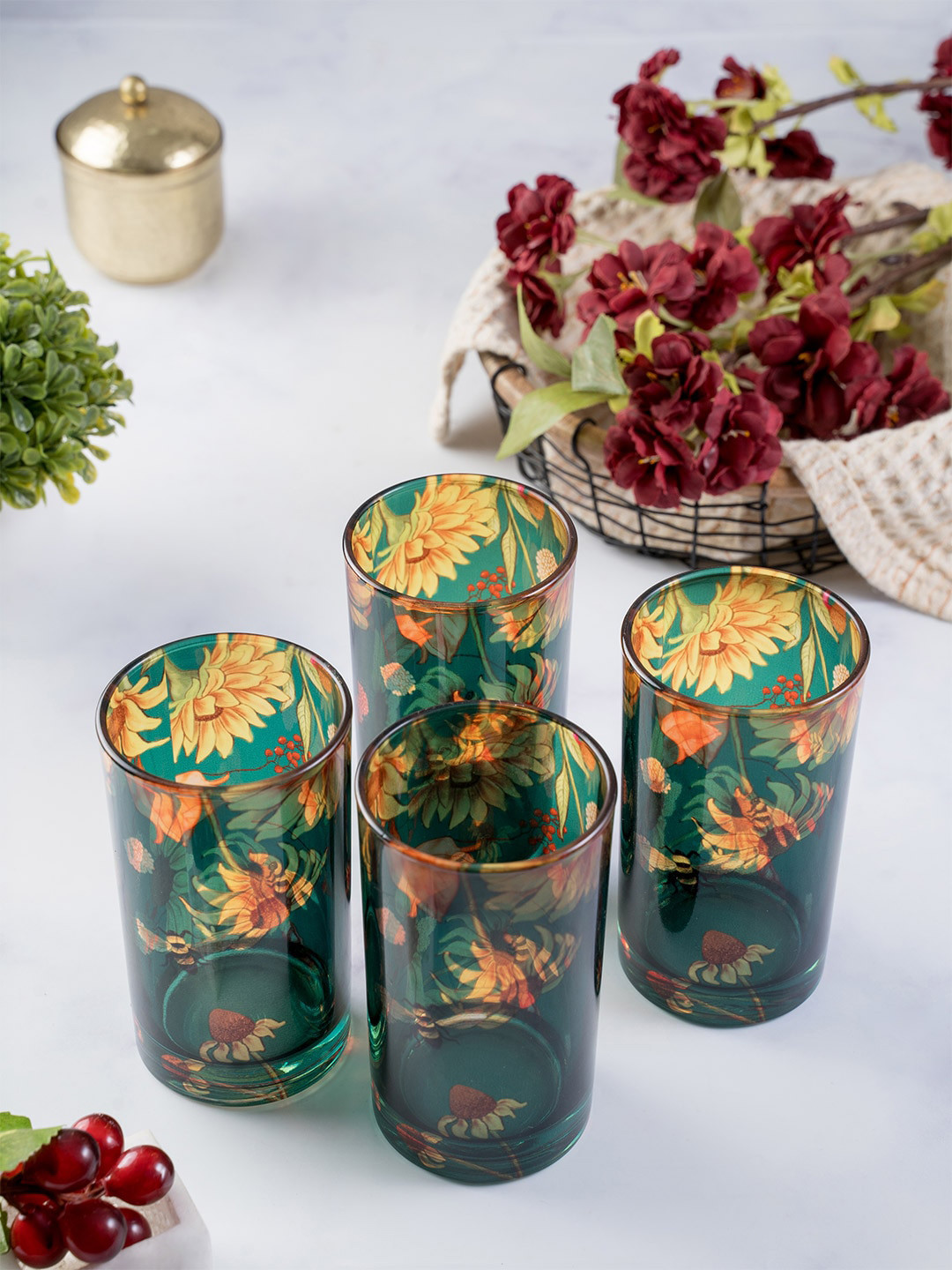 Kolorobia Green & Yellow 4 Pcs Floral Bliss Sunflower Glass Tumbler Set