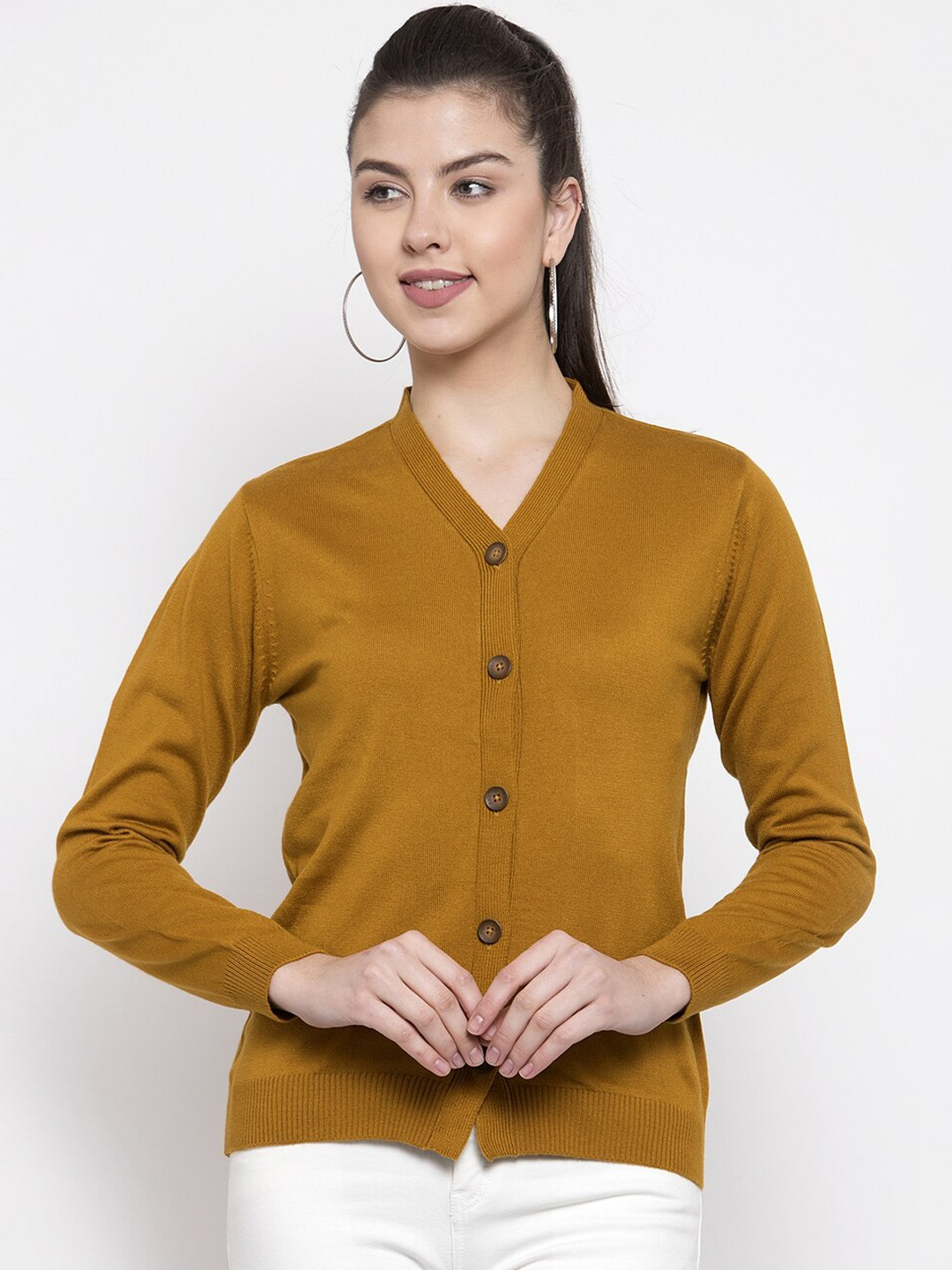 Kalt Women Mustard Solid Cardigan Sweater