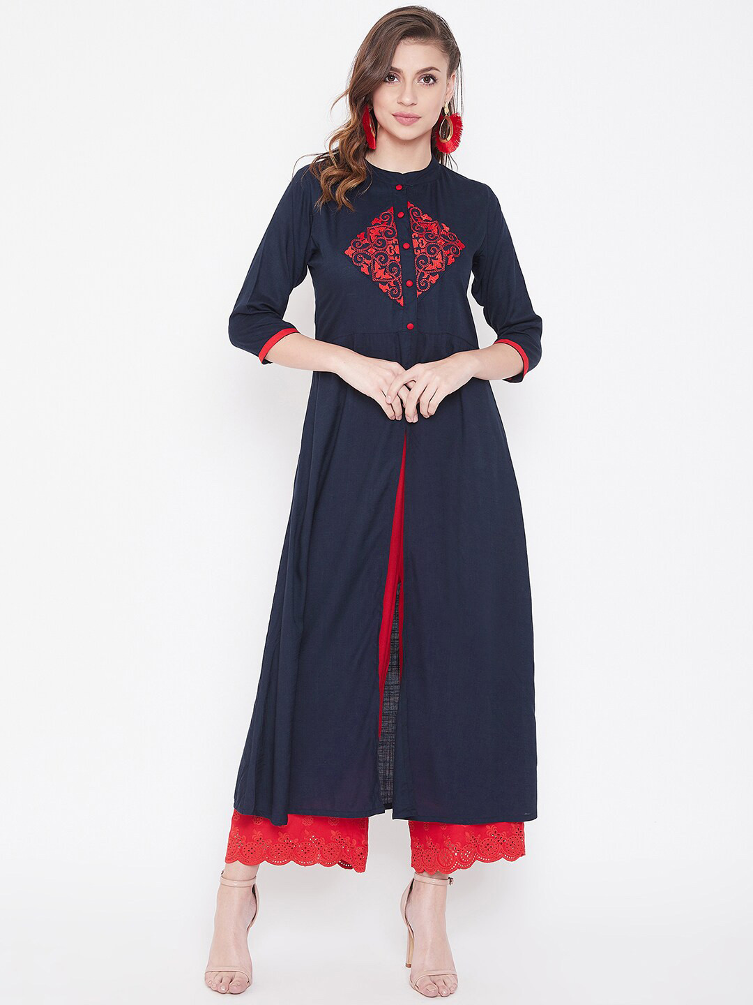 WineRed Women Navy Blue & Red Embroidered A-Line Kurta