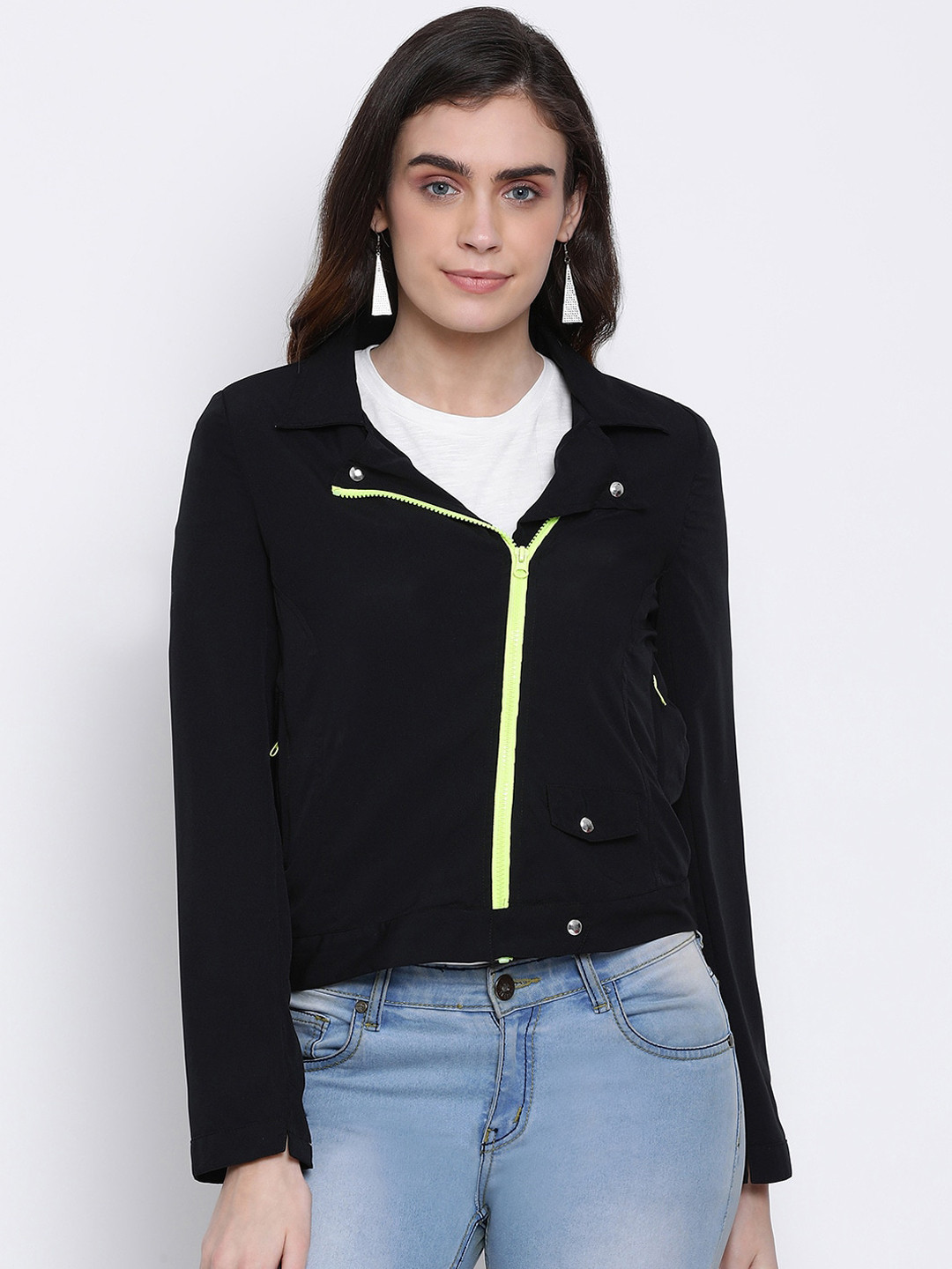 Oxolloxo Women Black Solid Tailored Crop Jacket