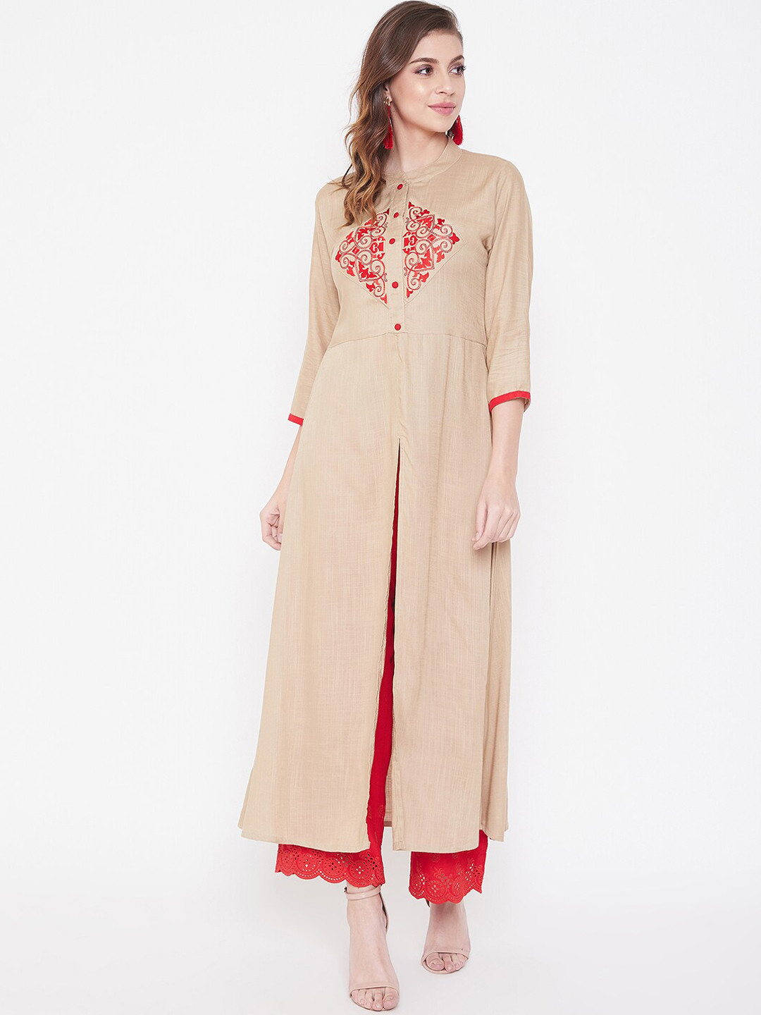 WineRed Women Beige & Red Embroidered A-Line Kurta