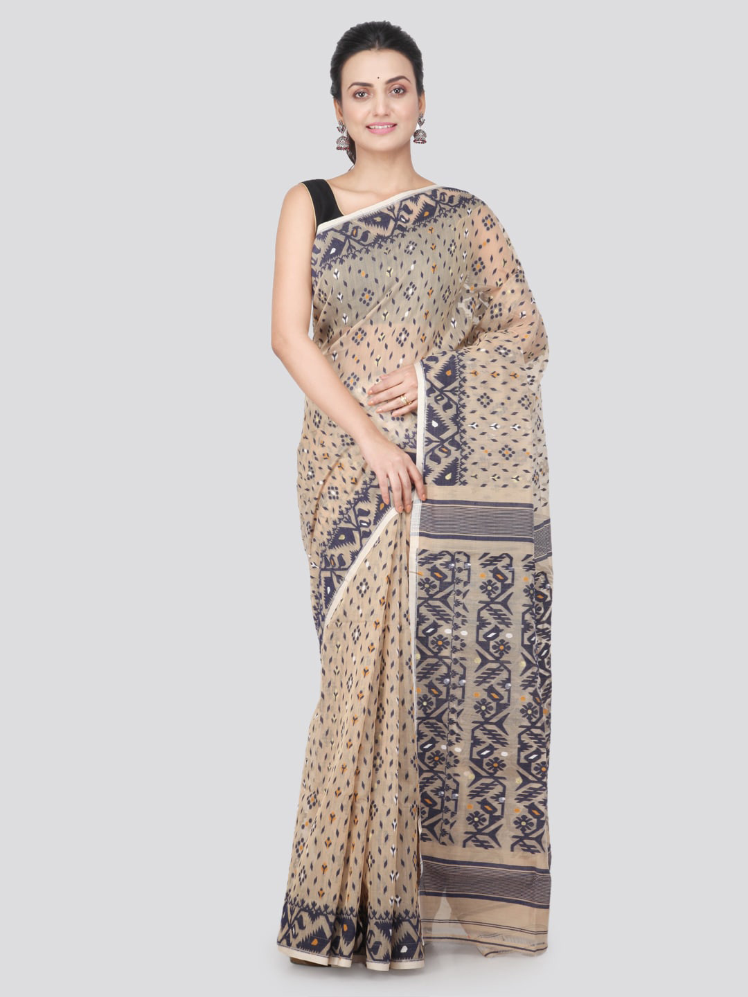 PinkLoom Beige & Black Pure Cotton Woven Design Handloom Jamdani Sustainable Saree